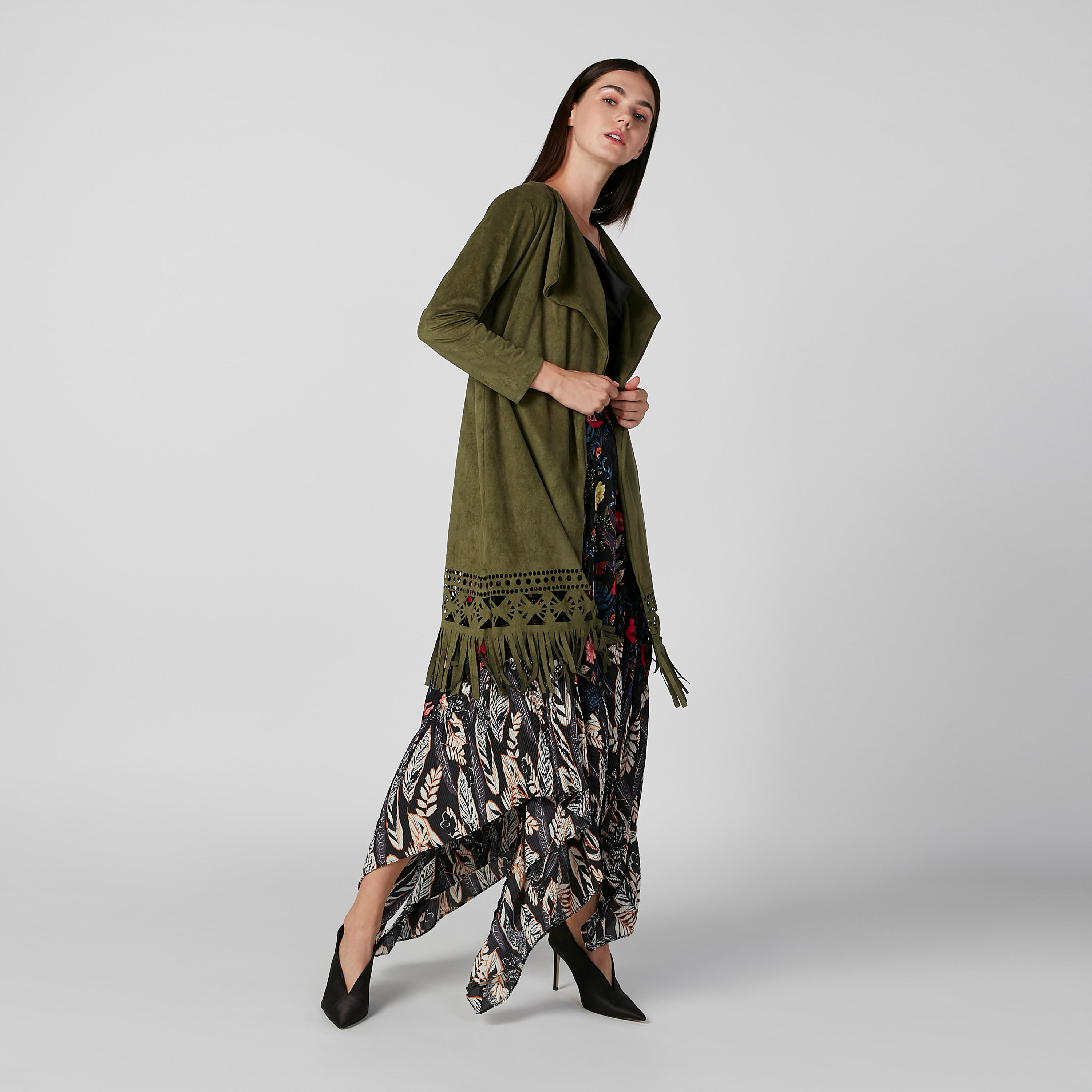 Textrued Cardigan with 3/4 Sleeves and Fringes-women-winterwear-cardigansandjumpers-cardigans-image-2