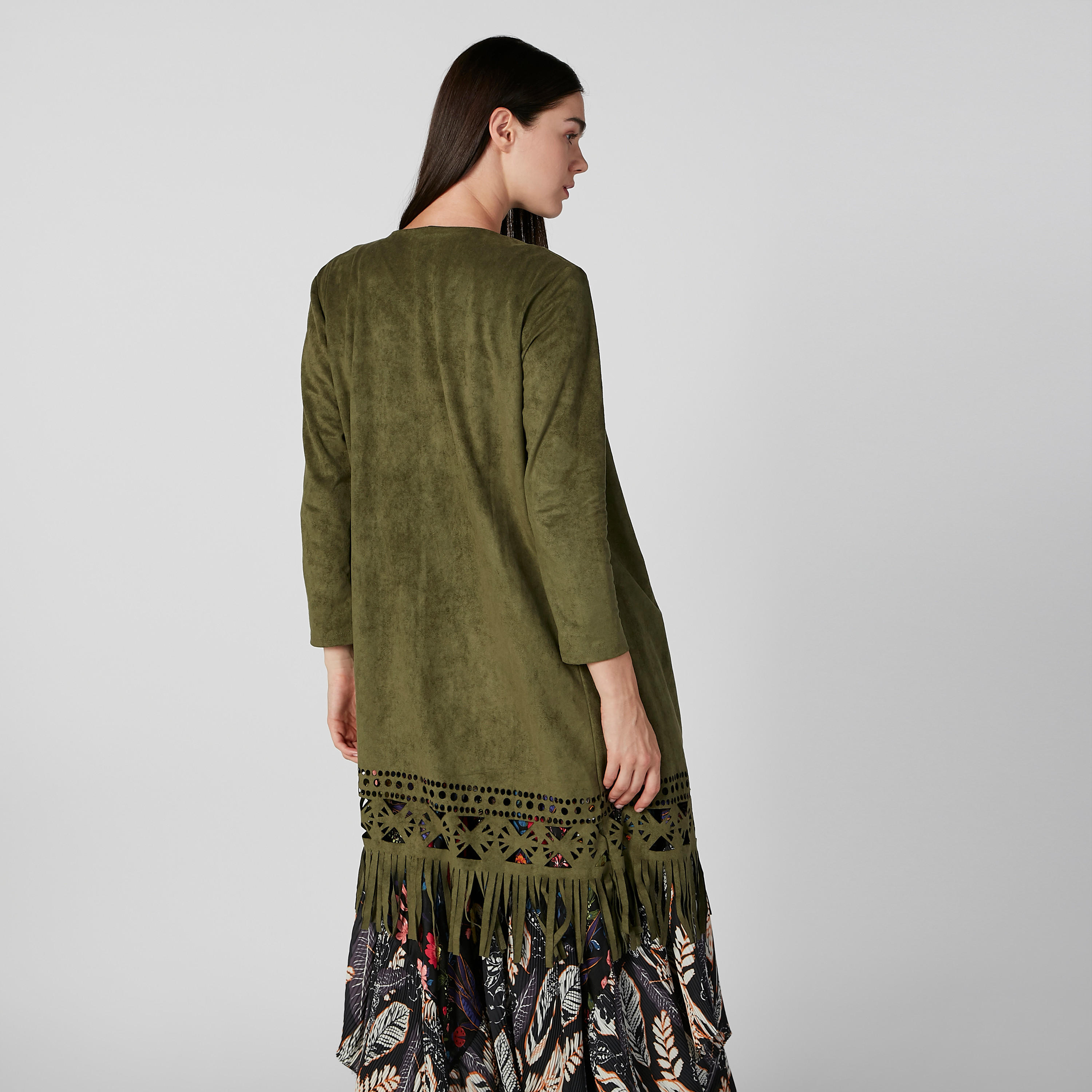 Textrued Cardigan with 3/4 Sleeves and Fringes-women-winterwear-cardigansandjumpers-cardigans-image-4