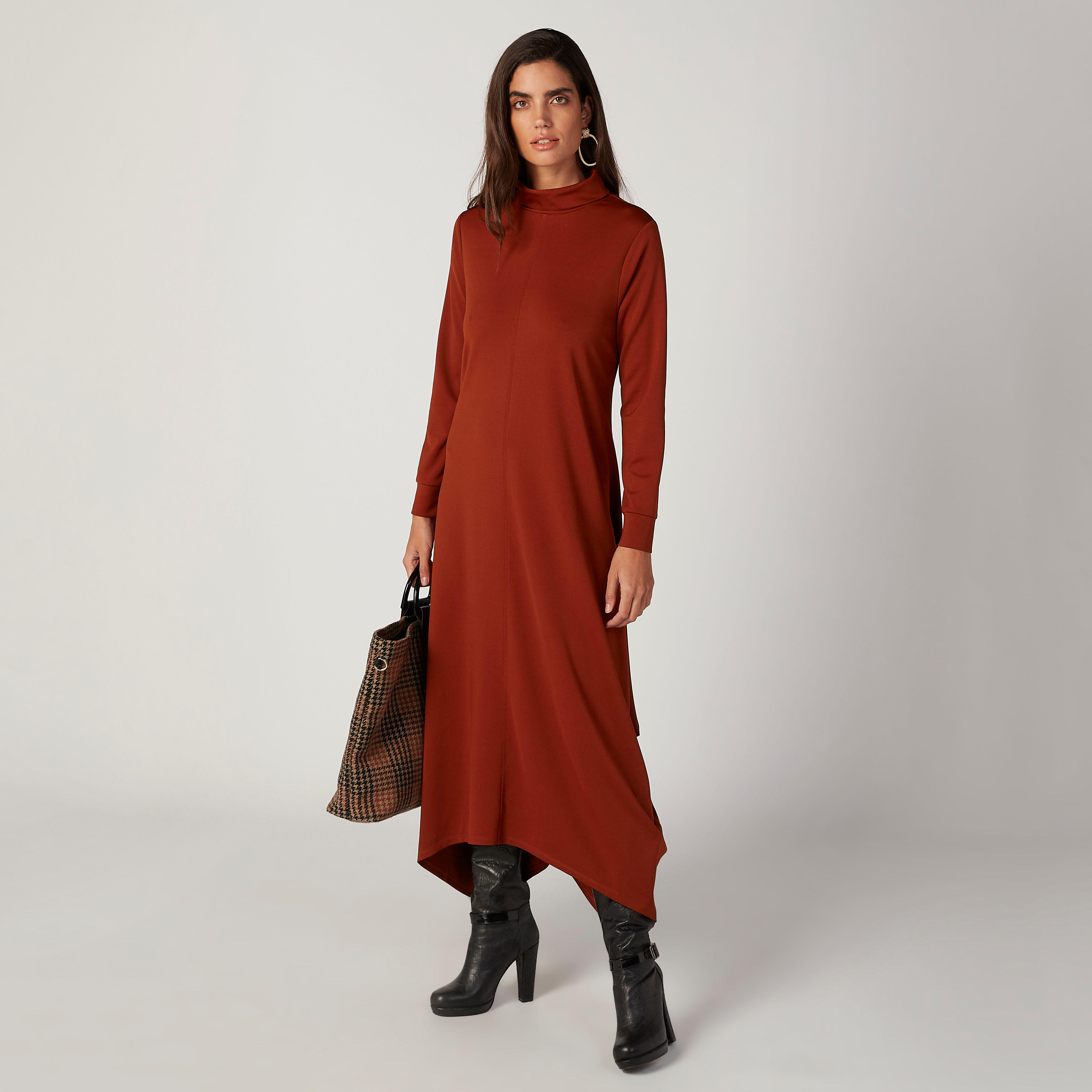 فستان مستدام طويل إيه لاين سادة بياقة عالية وأكمام طويلة-women-clothing-dresses-image-2