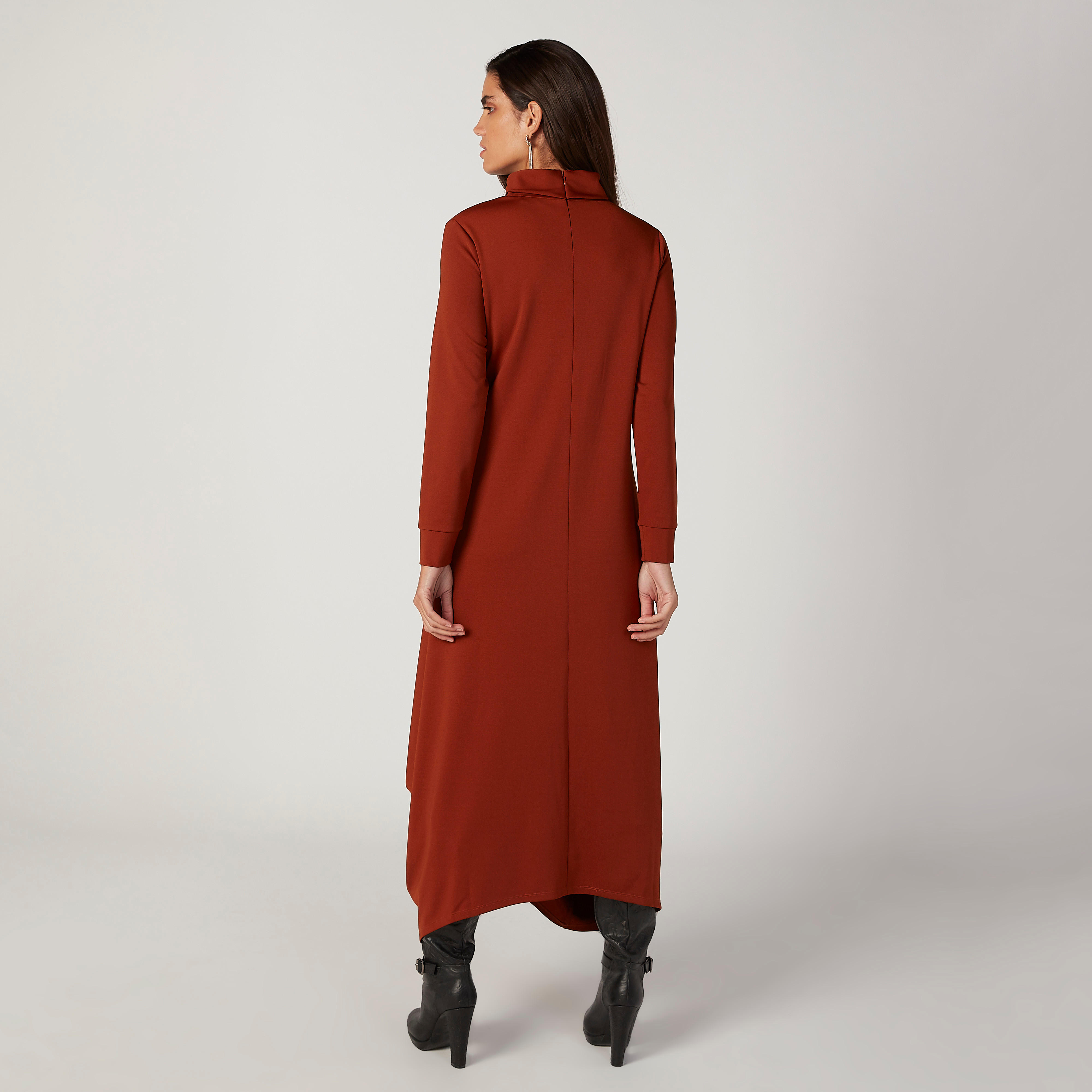 فستان مستدام طويل إيه لاين سادة بياقة عالية وأكمام طويلة-women-clothing-dresses-image-4