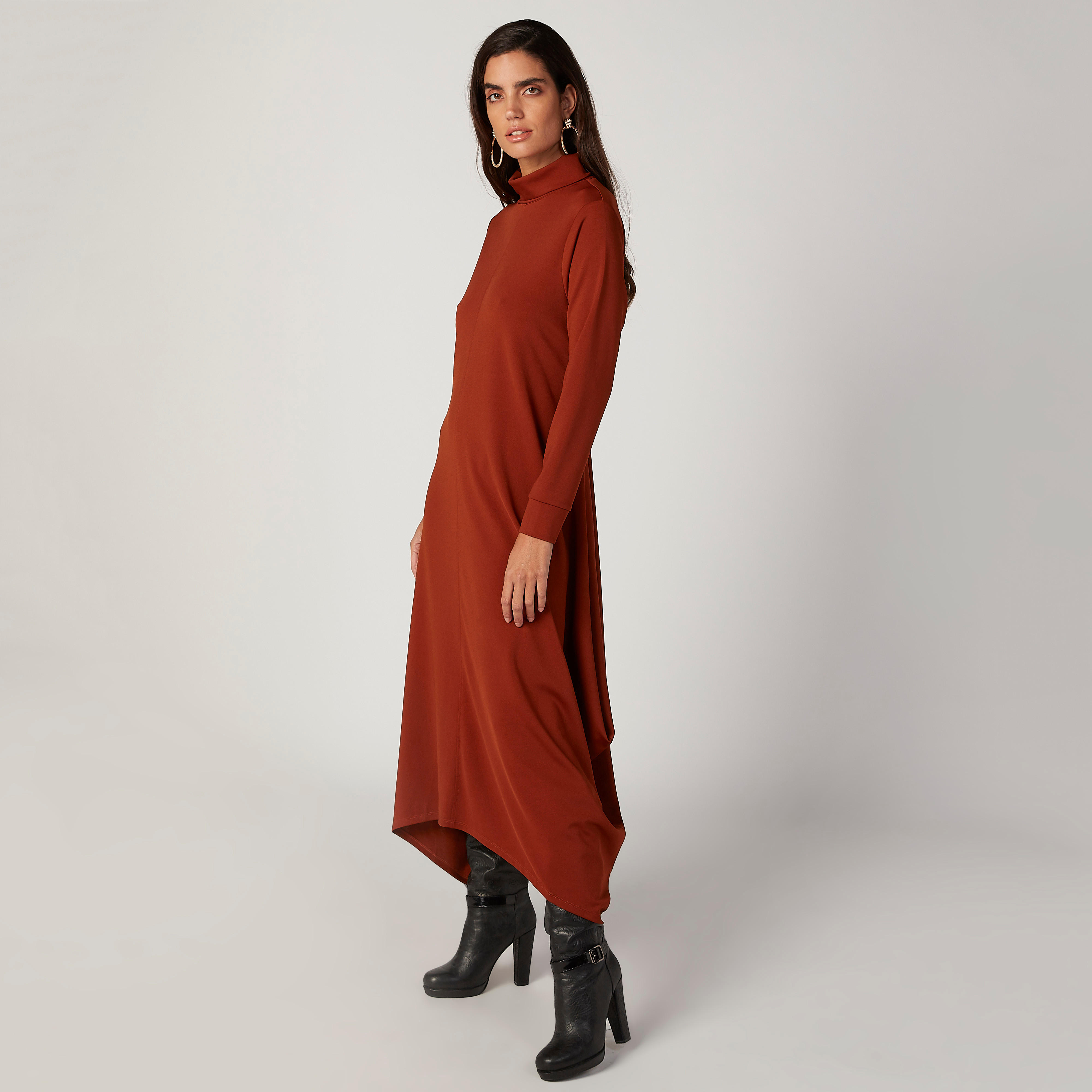 فستان مستدام طويل إيه لاين سادة بياقة عالية وأكمام طويلة-women-clothing-dresses-image-5