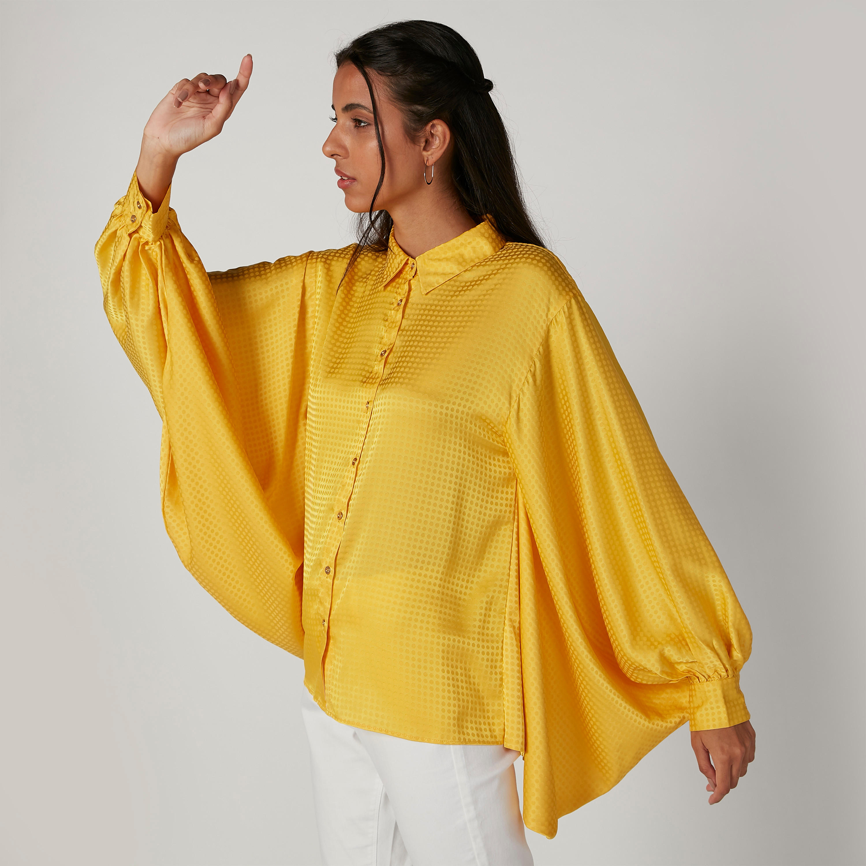 Textured Shirt with Spread Collar and Flared Sleeves-women-clothing-shirtsandblouses-shirts-image-1