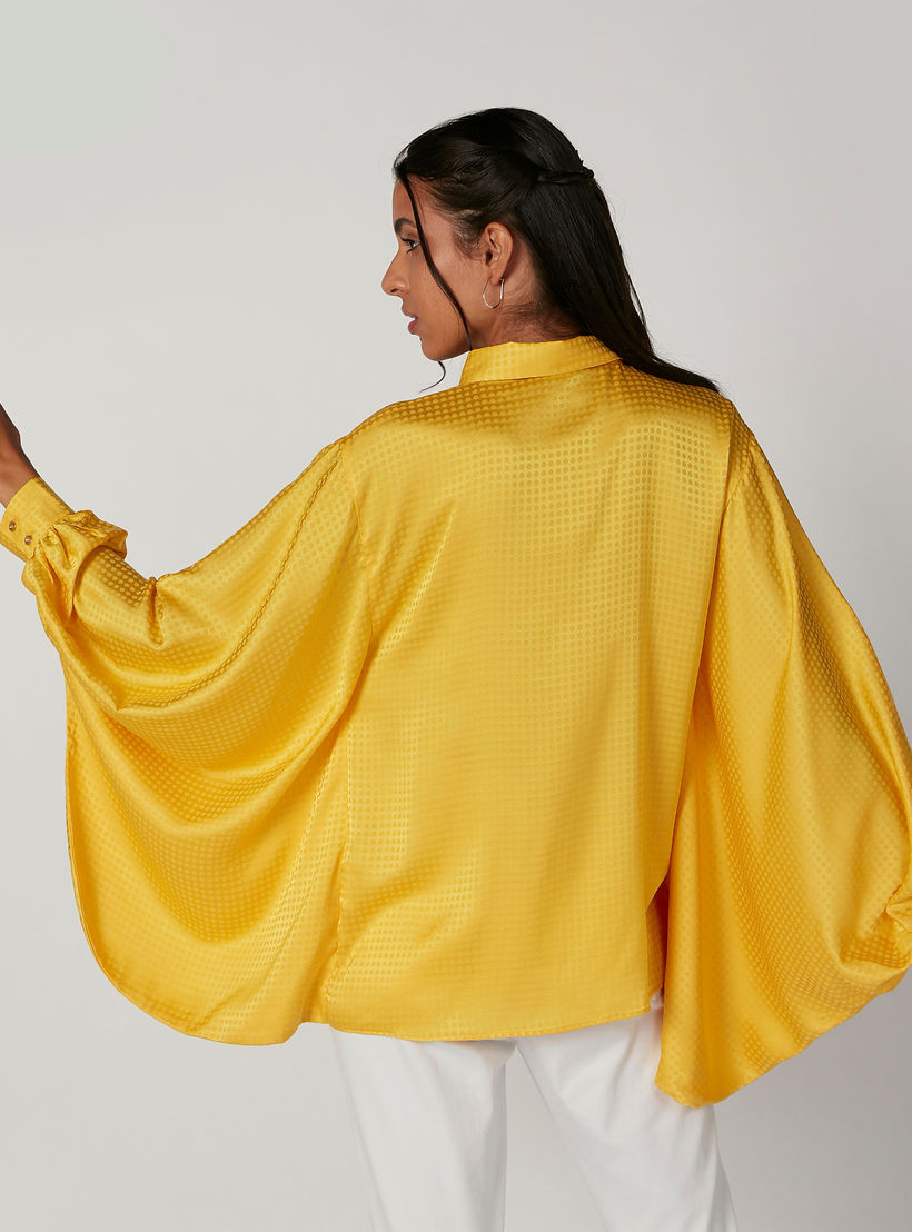 Textured Shirt with Spread Collar and Flared Sleeves-women-clothing-shirtsandblouses-shirts-image-2