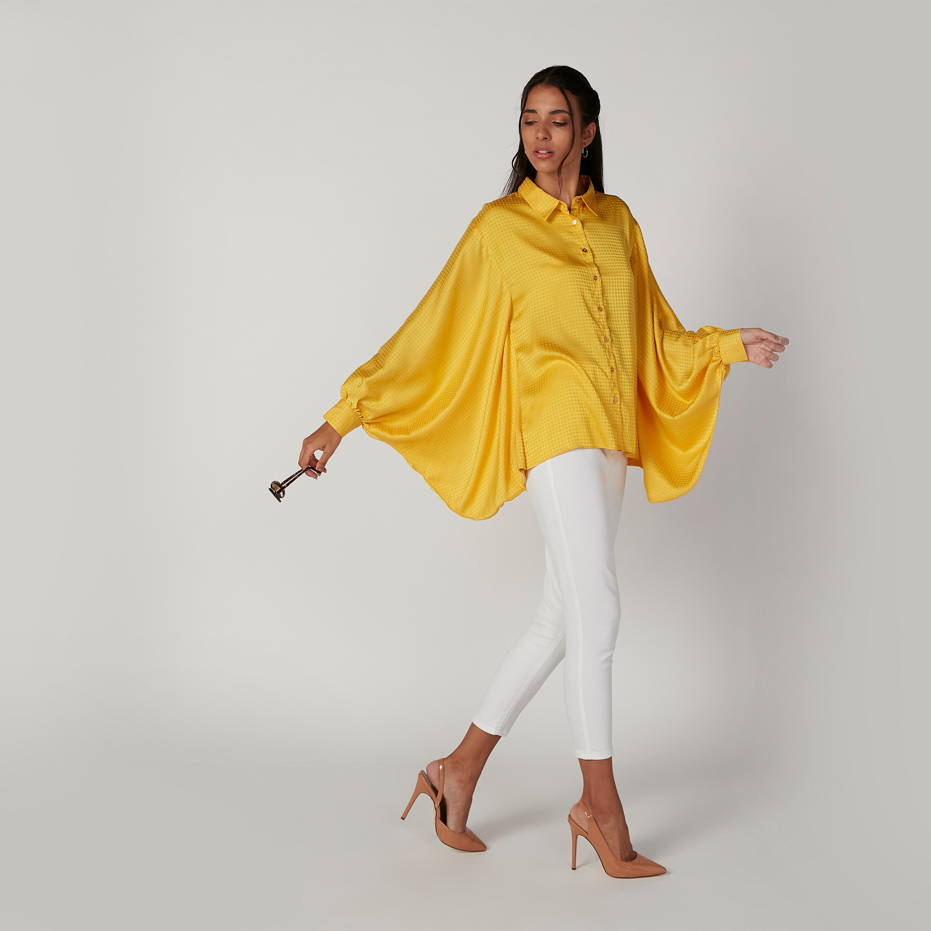 Textured Shirt with Spread Collar and Flared Sleeves-women-clothing-shirtsandblouses-shirts-image-3