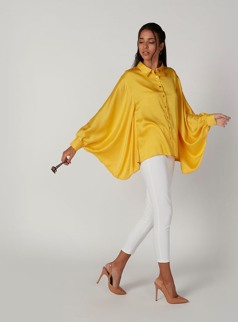 Textured Shirt with Spread Collar and Flared Sleeves-women-clothing-shirtsandblouses-shirts-image-3