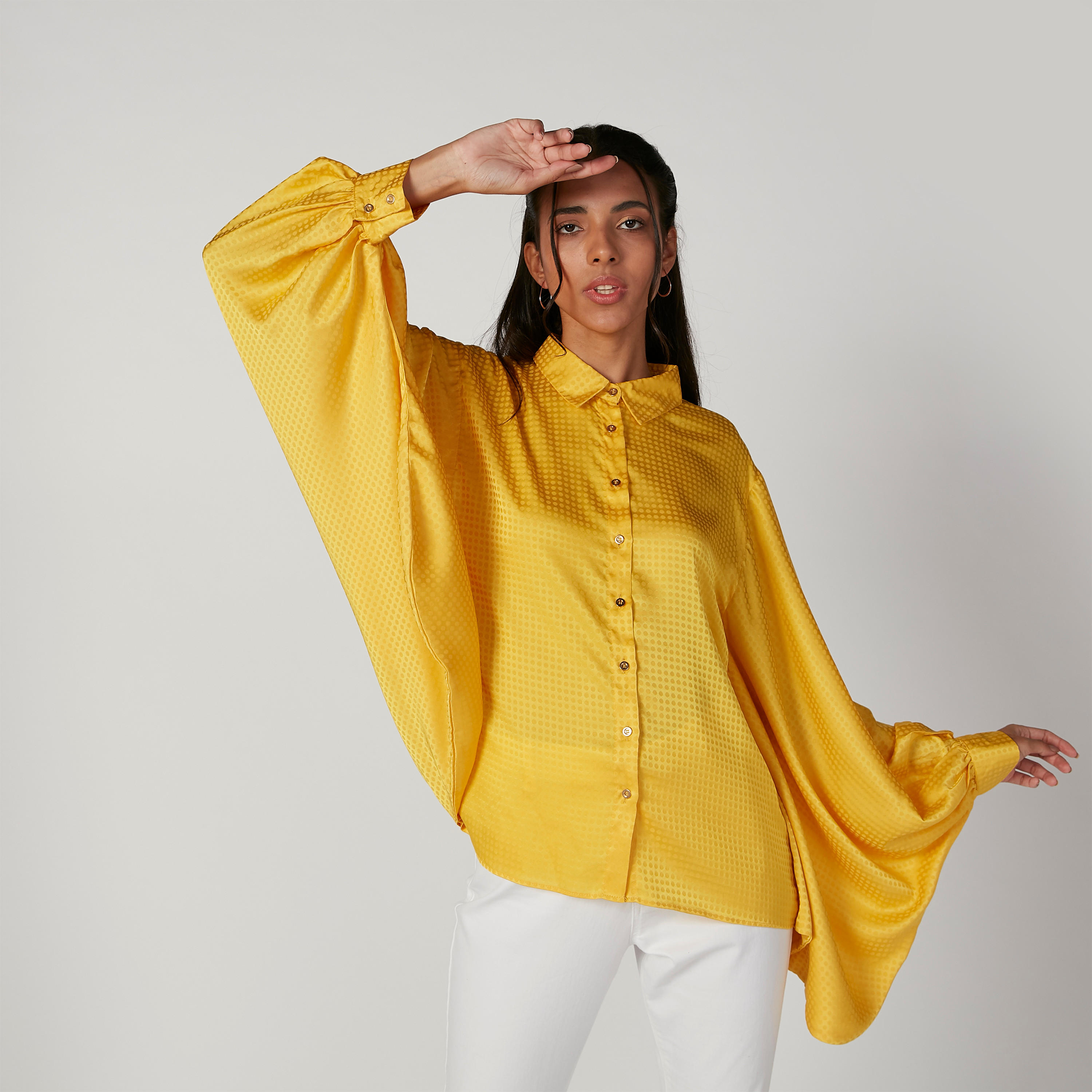 Textured Shirt with Spread Collar and Flared Sleeves-women-clothing-shirtsandblouses-shirts-image-4