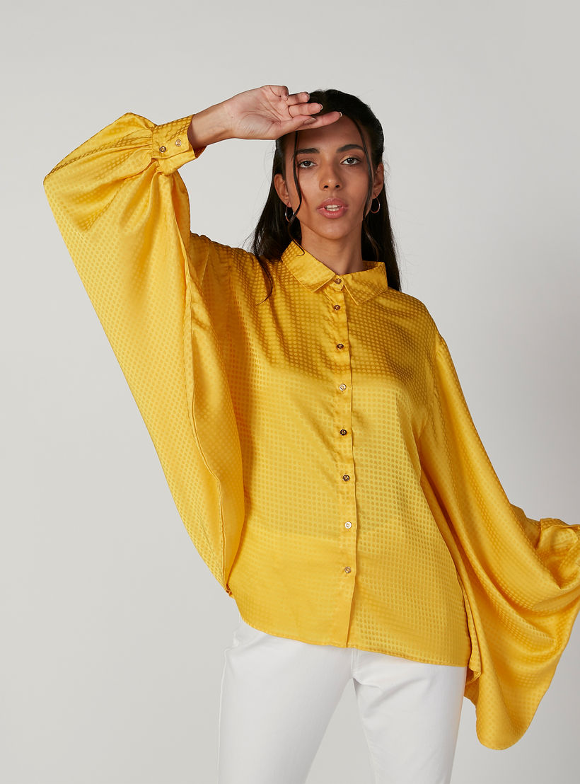 Textured Shirt with Spread Collar and Flared Sleeves-women-clothing-shirtsandblouses-shirts-image-4