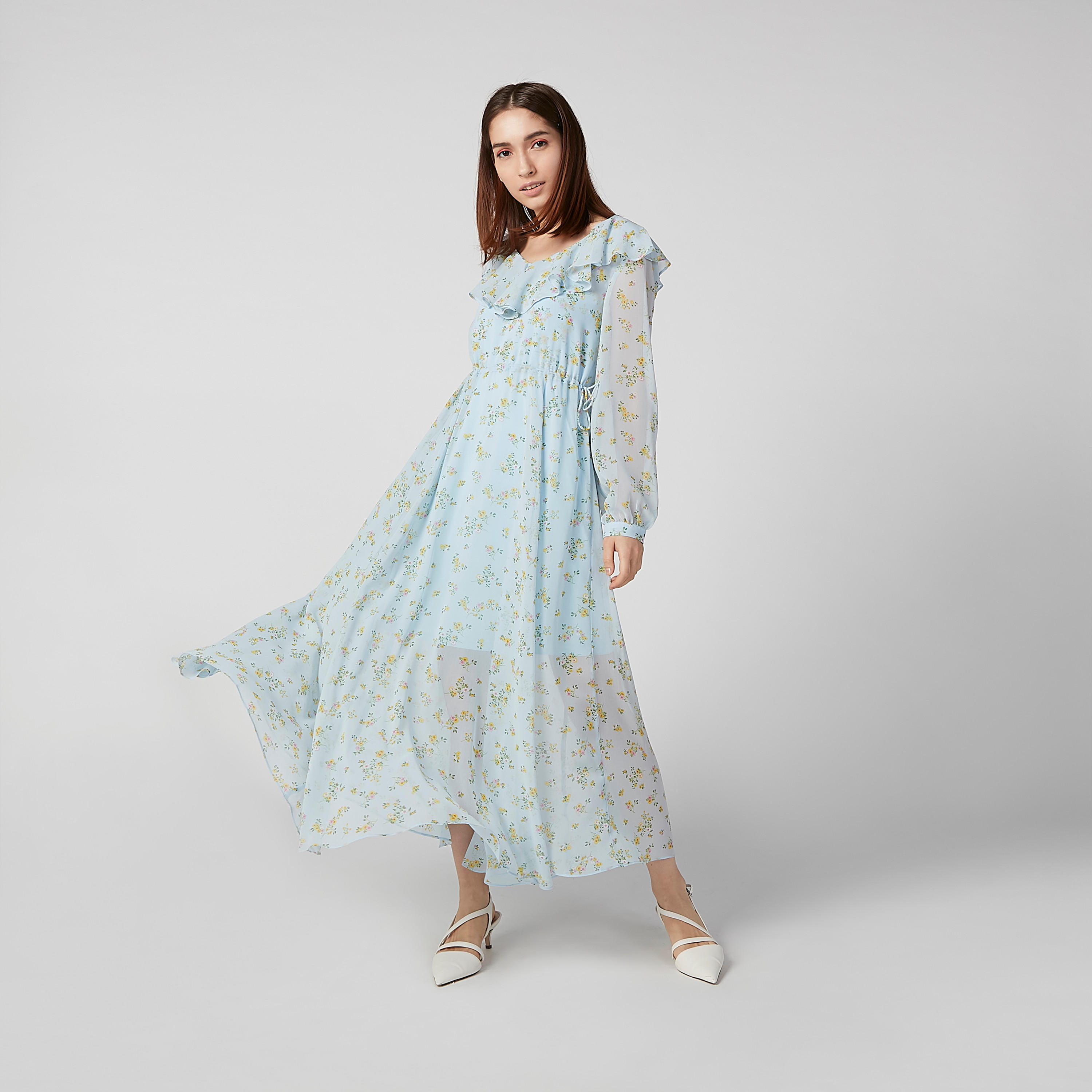 فستان مستدام طويل إيه لاين بأكمام طويلة وكشكش وطبعات -women-clothing-dresses-image-1