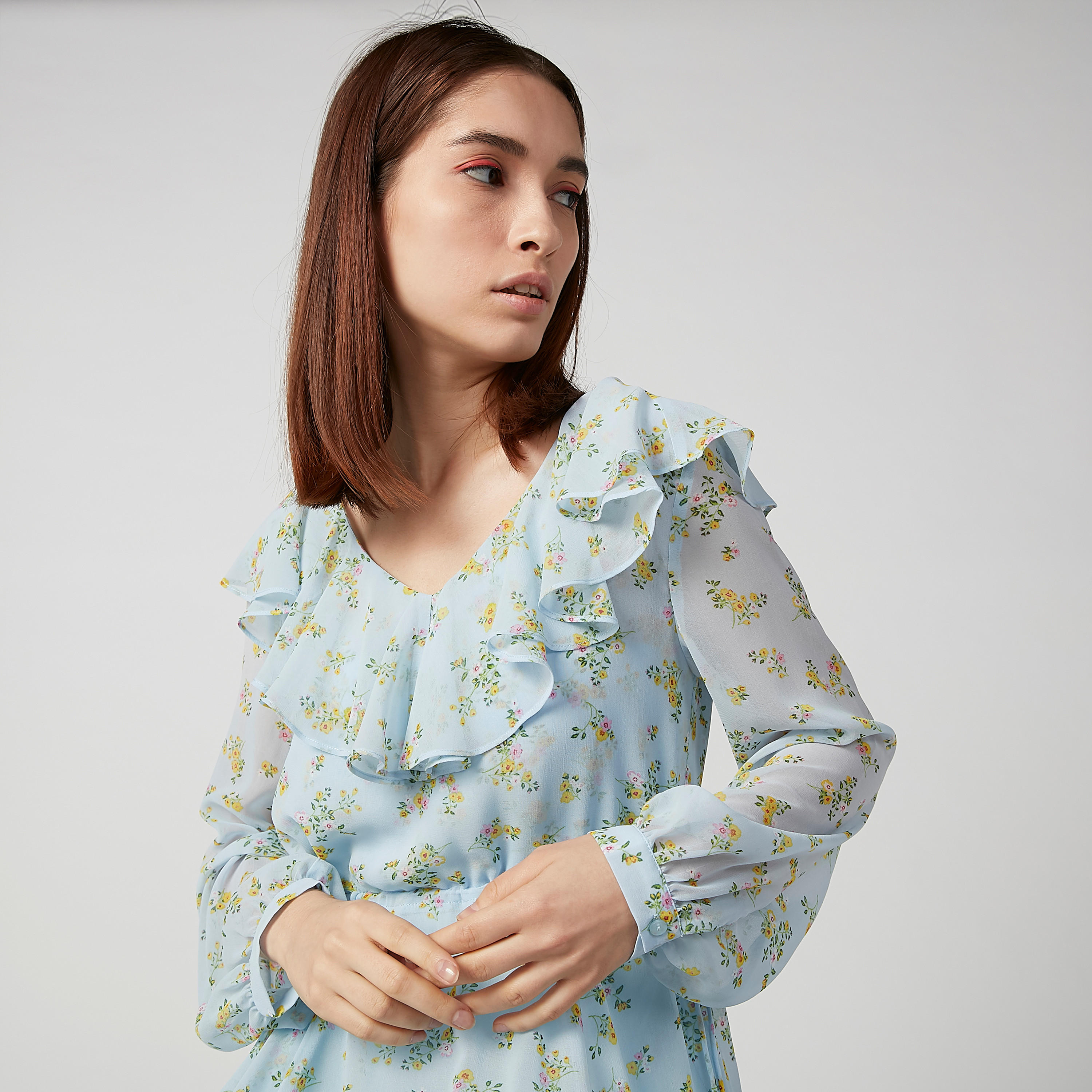 فستان مستدام طويل إيه لاين بأكمام طويلة وكشكش وطبعات -women-clothing-dresses-image-2