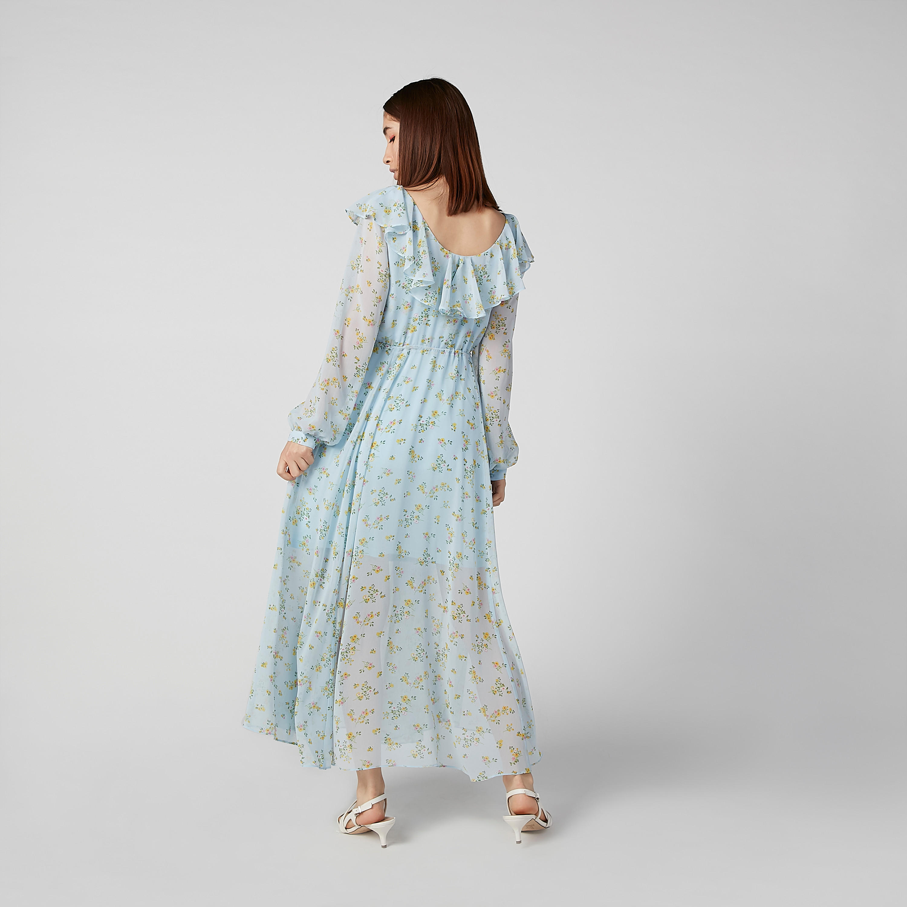 فستان مستدام طويل إيه لاين بأكمام طويلة وكشكش وطبعات -women-clothing-dresses-image-3