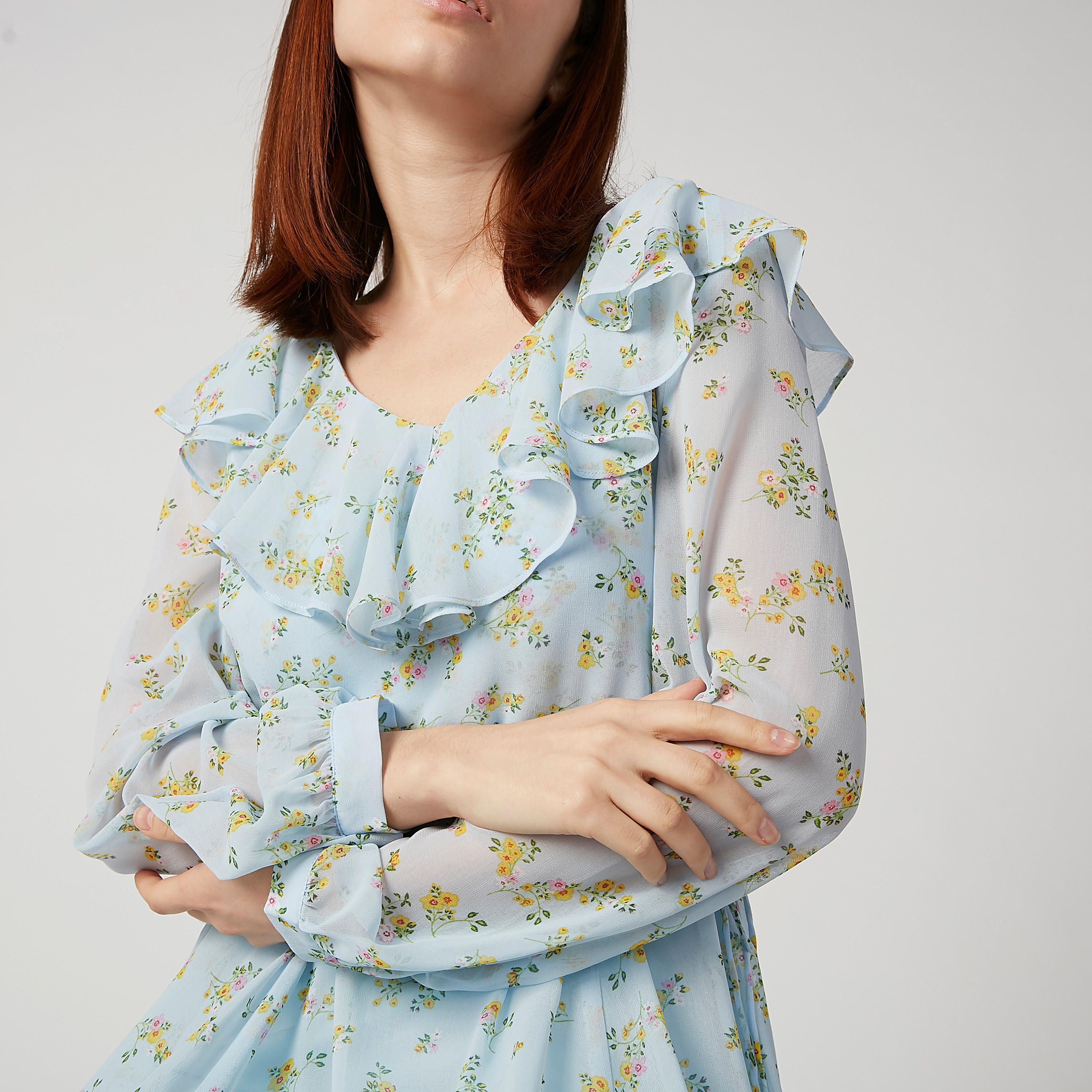 فستان مستدام طويل إيه لاين بأكمام طويلة وكشكش وطبعات -women-clothing-dresses-image-4