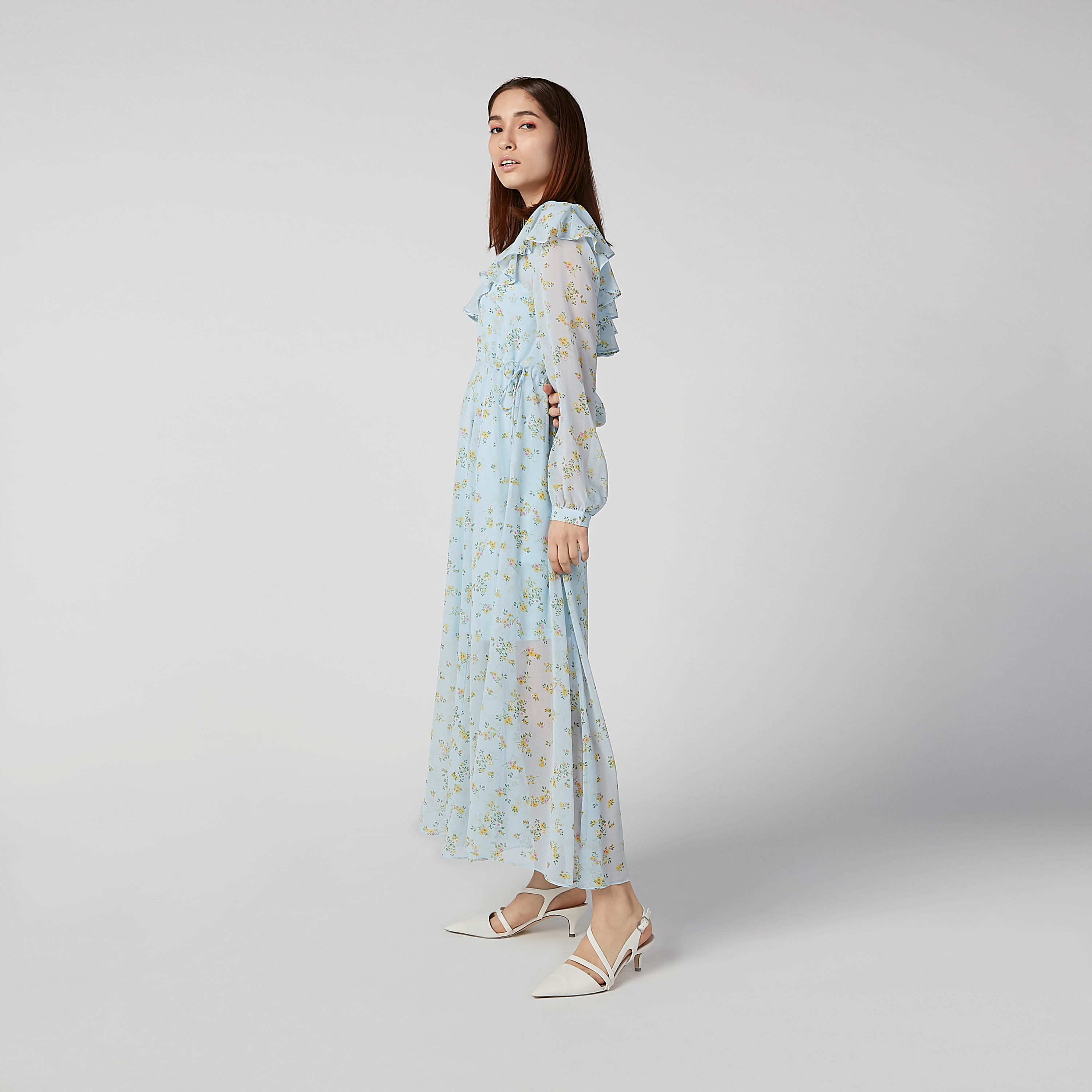 فستان مستدام طويل إيه لاين بأكمام طويلة وكشكش وطبعات -women-clothing-dresses-image-5