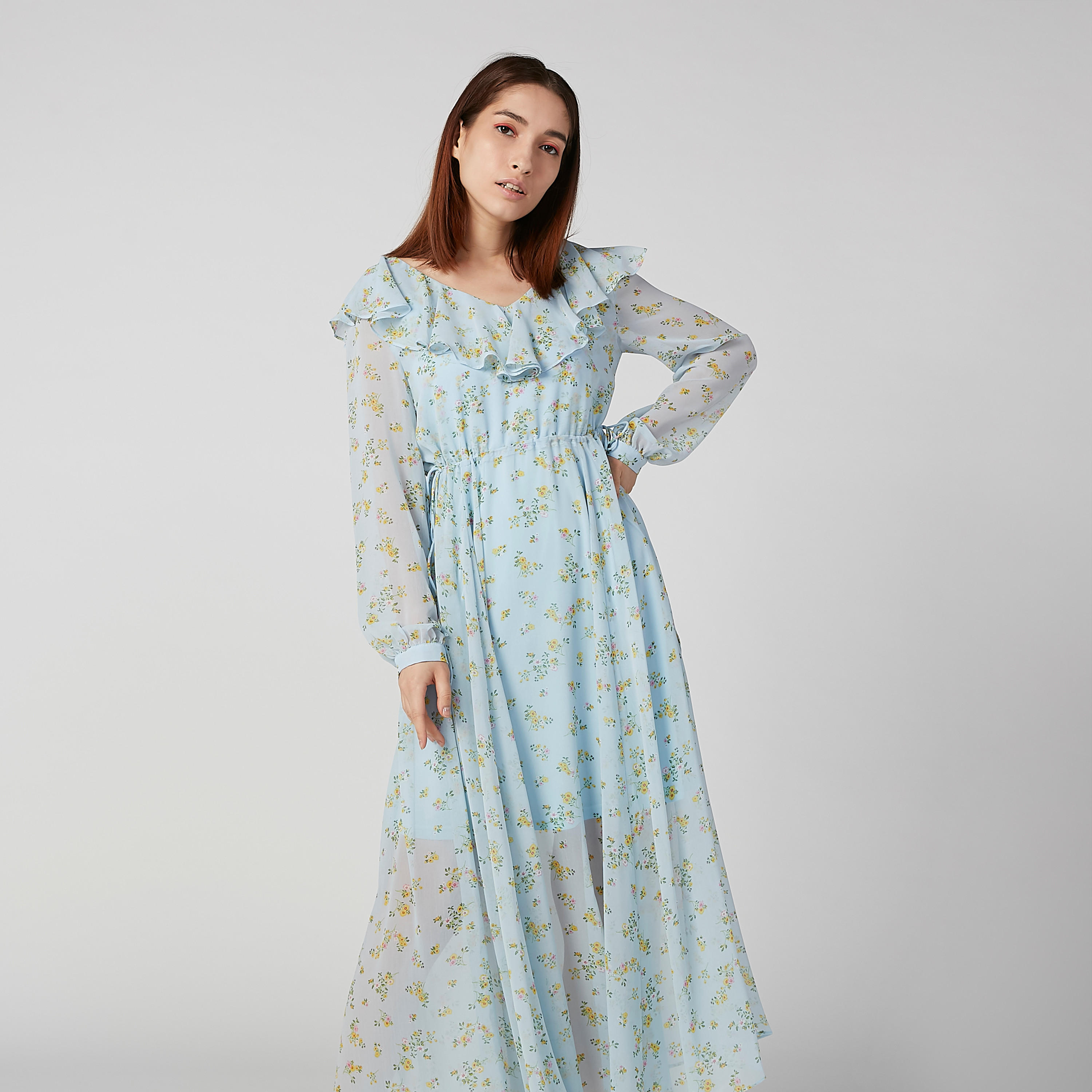 فستان مستدام طويل إيه لاين بأكمام طويلة وكشكش وطبعات -women-clothing-dresses-image-6
