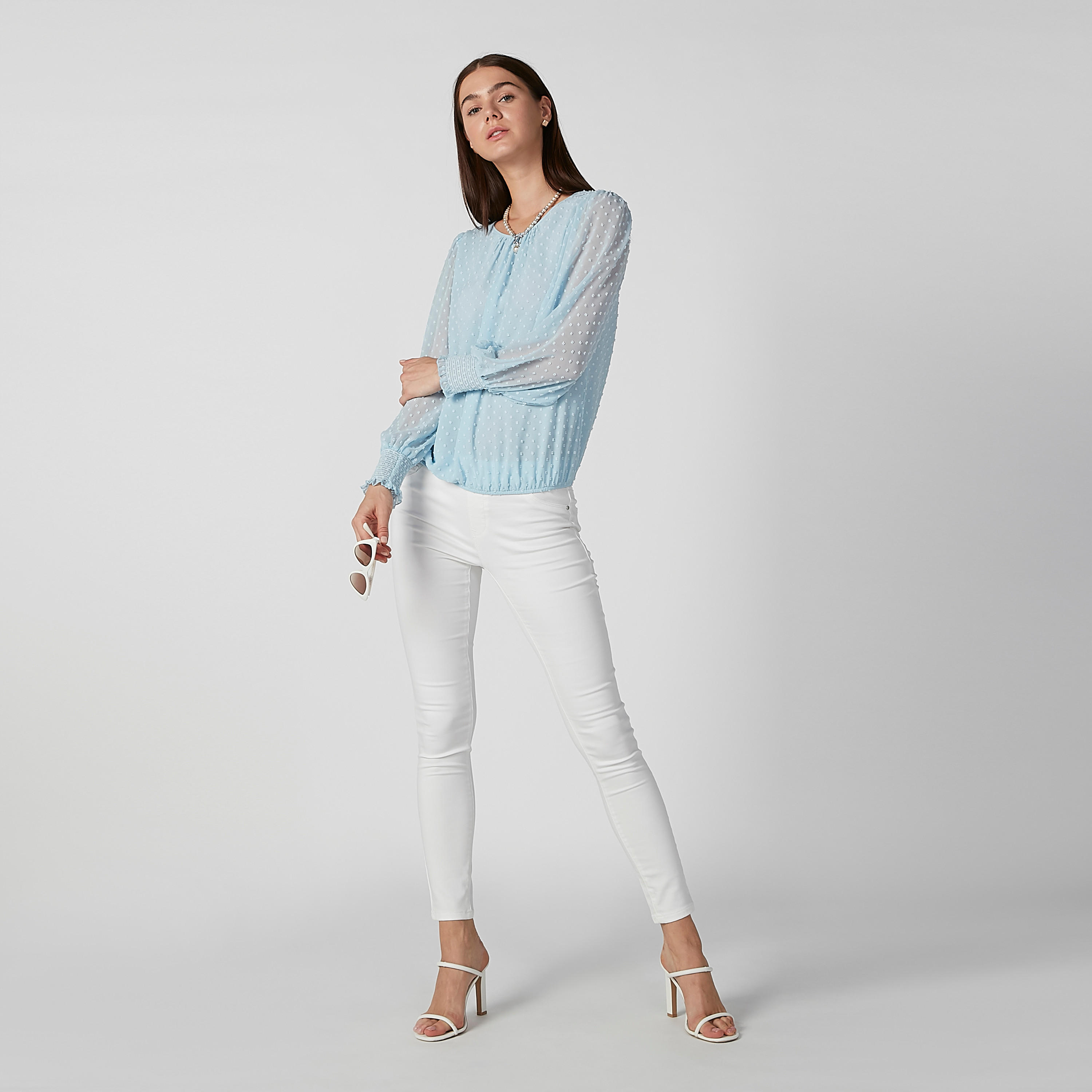 بلوزة بارزة الملمس بياقة مستديرة وأكمام بيشوب-women-clothing-shirtsandblouses-blouses-image-4
