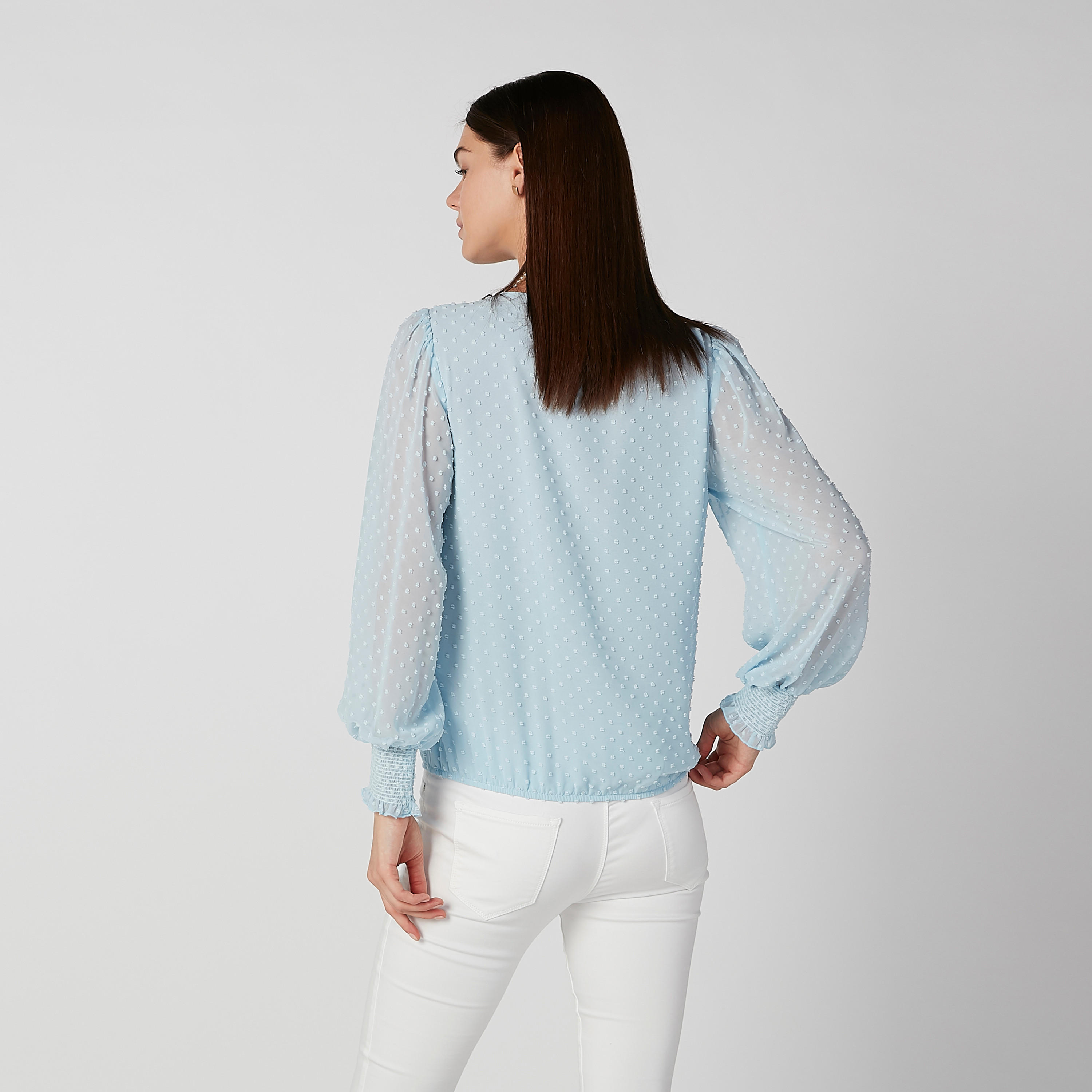 بلوزة بارزة الملمس بياقة مستديرة وأكمام بيشوب-women-clothing-shirtsandblouses-blouses-image-3