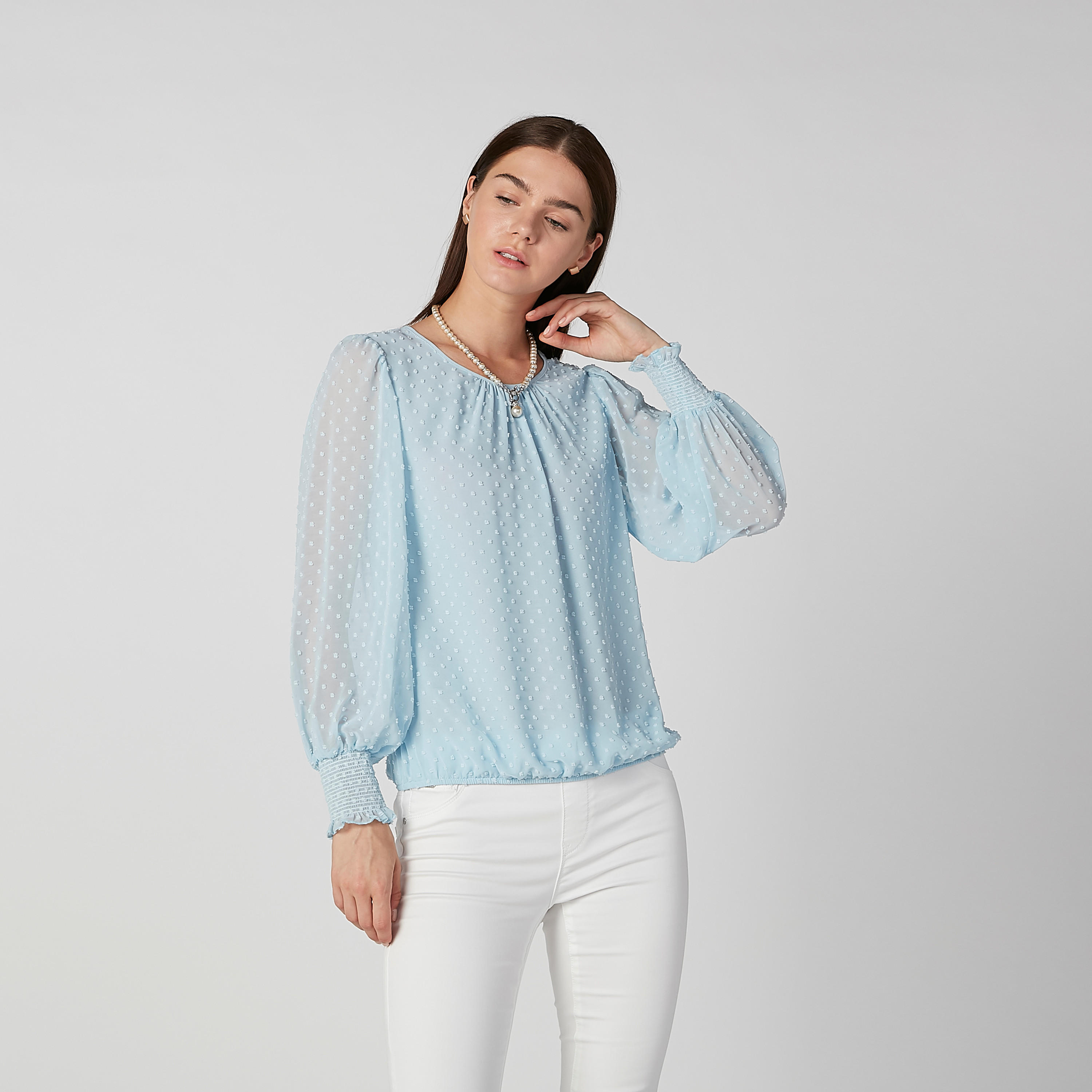 بلوزة بارزة الملمس بياقة مستديرة وأكمام بيشوب-women-clothing-shirtsandblouses-blouses-image-1