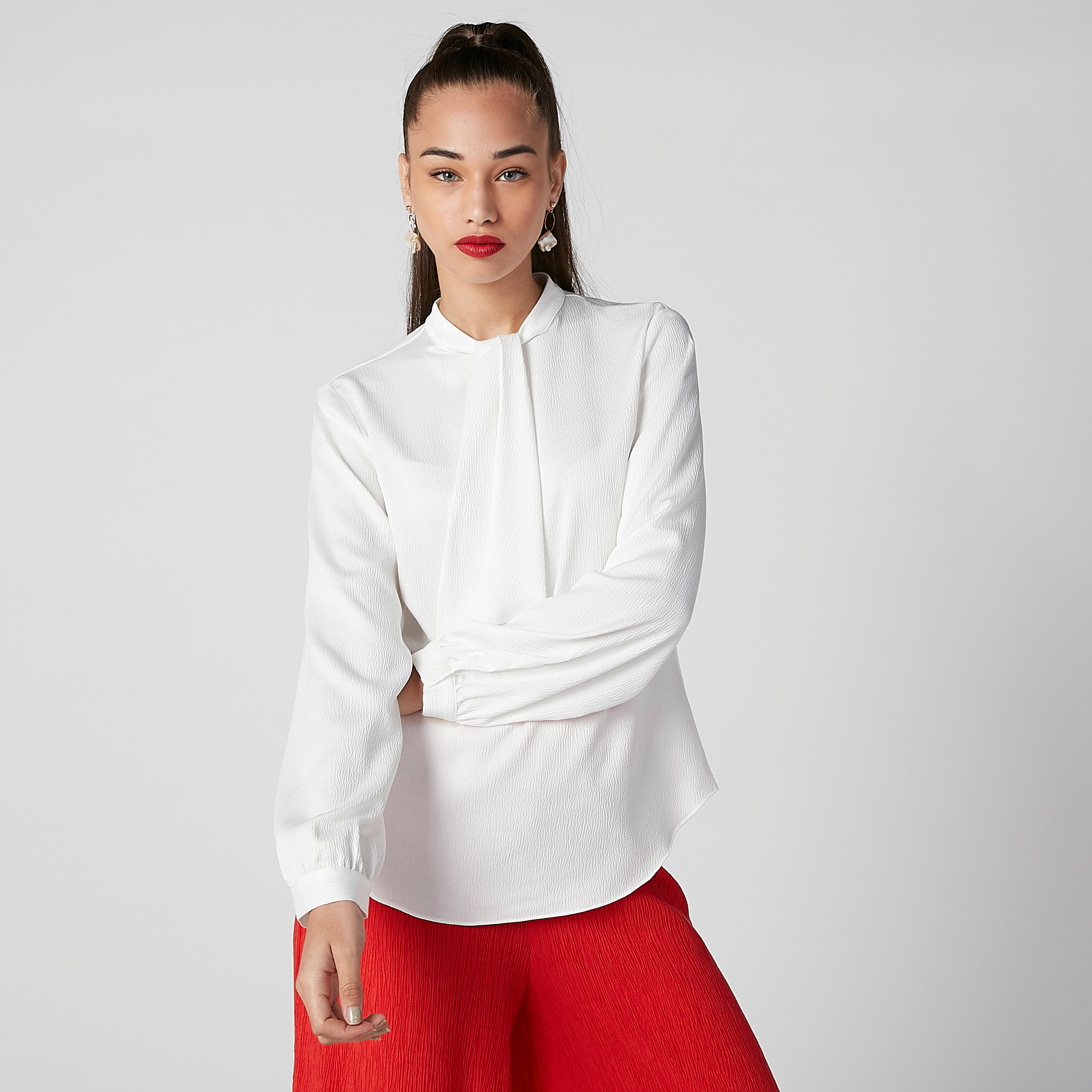 Sustainable Textured Top with High Neck and Long Sleeves-women-clothing-shirtsandblouses-blouses-image-1