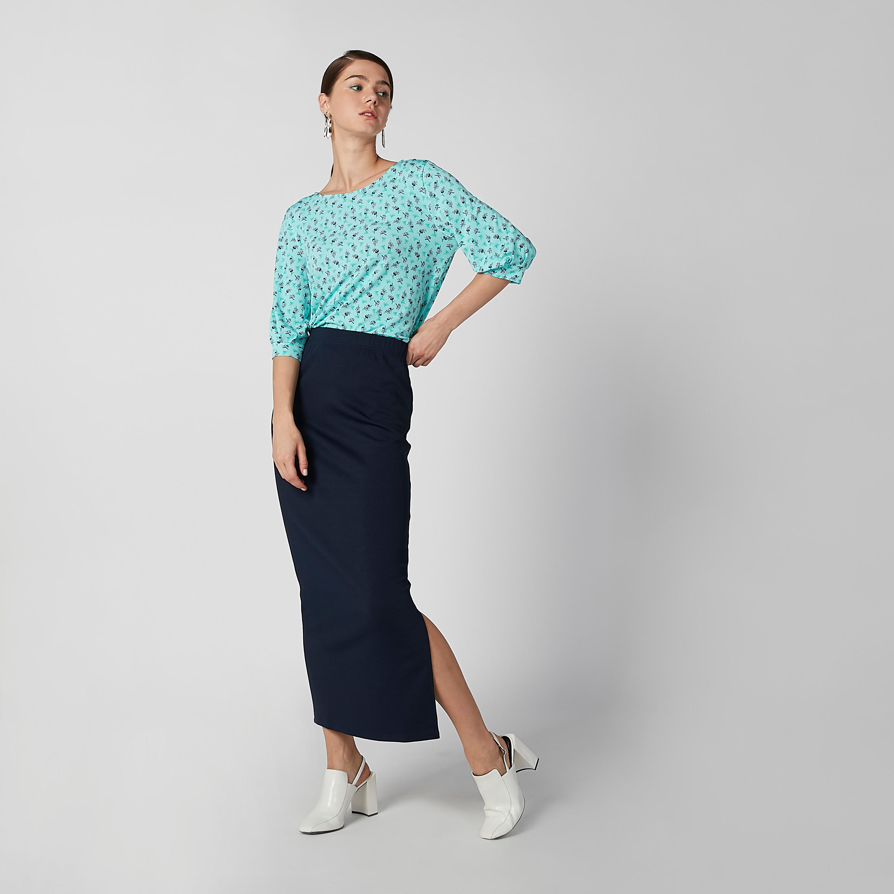 تنورة ماكسي ضيّقة سادة بخصر مطّاطي وفتحة جانبية-women-clothing-bottoms-skirts-image-3