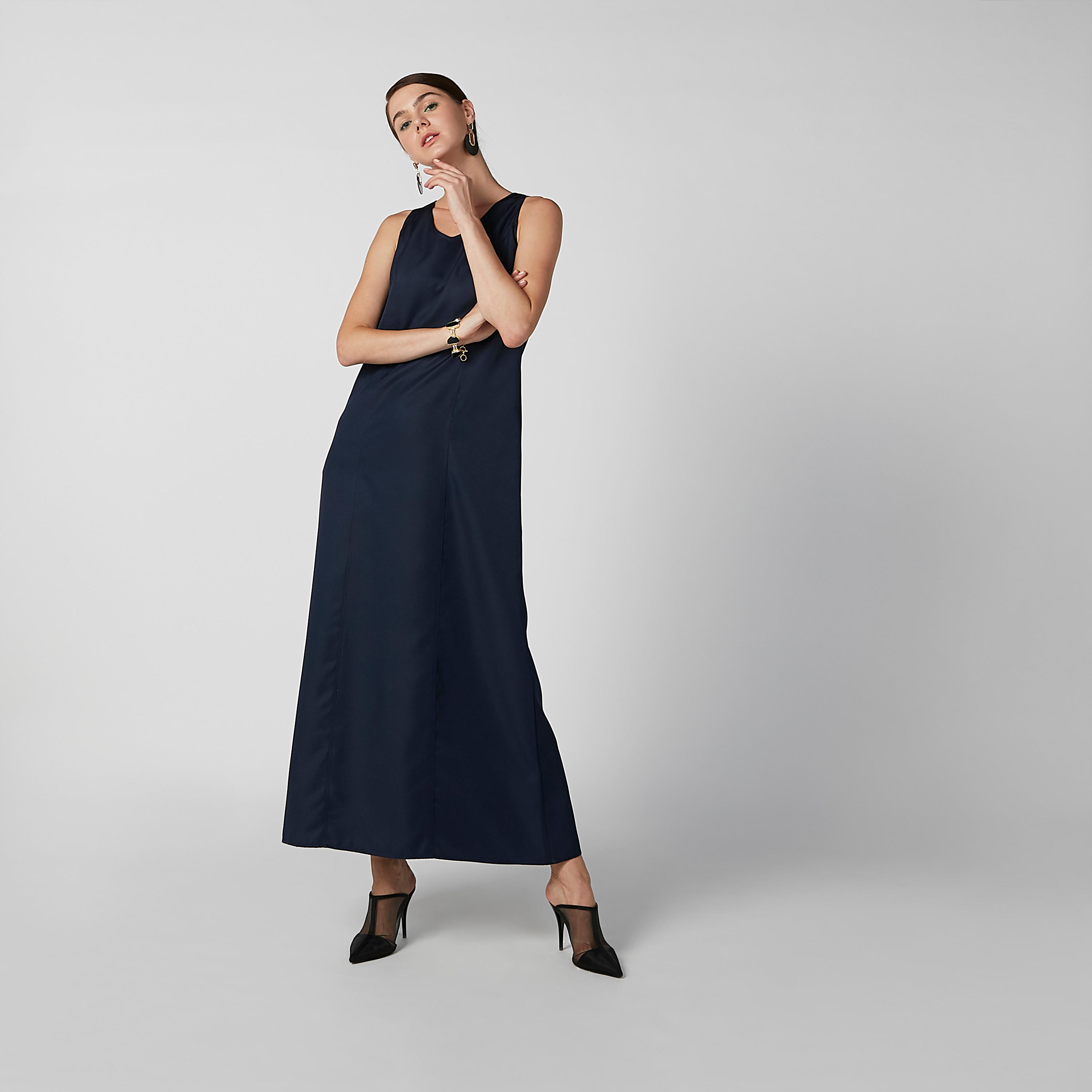 فستان ماكسي إيه لاين سادة دون أكمام بجيوب-women-clothing-dresses-image-1