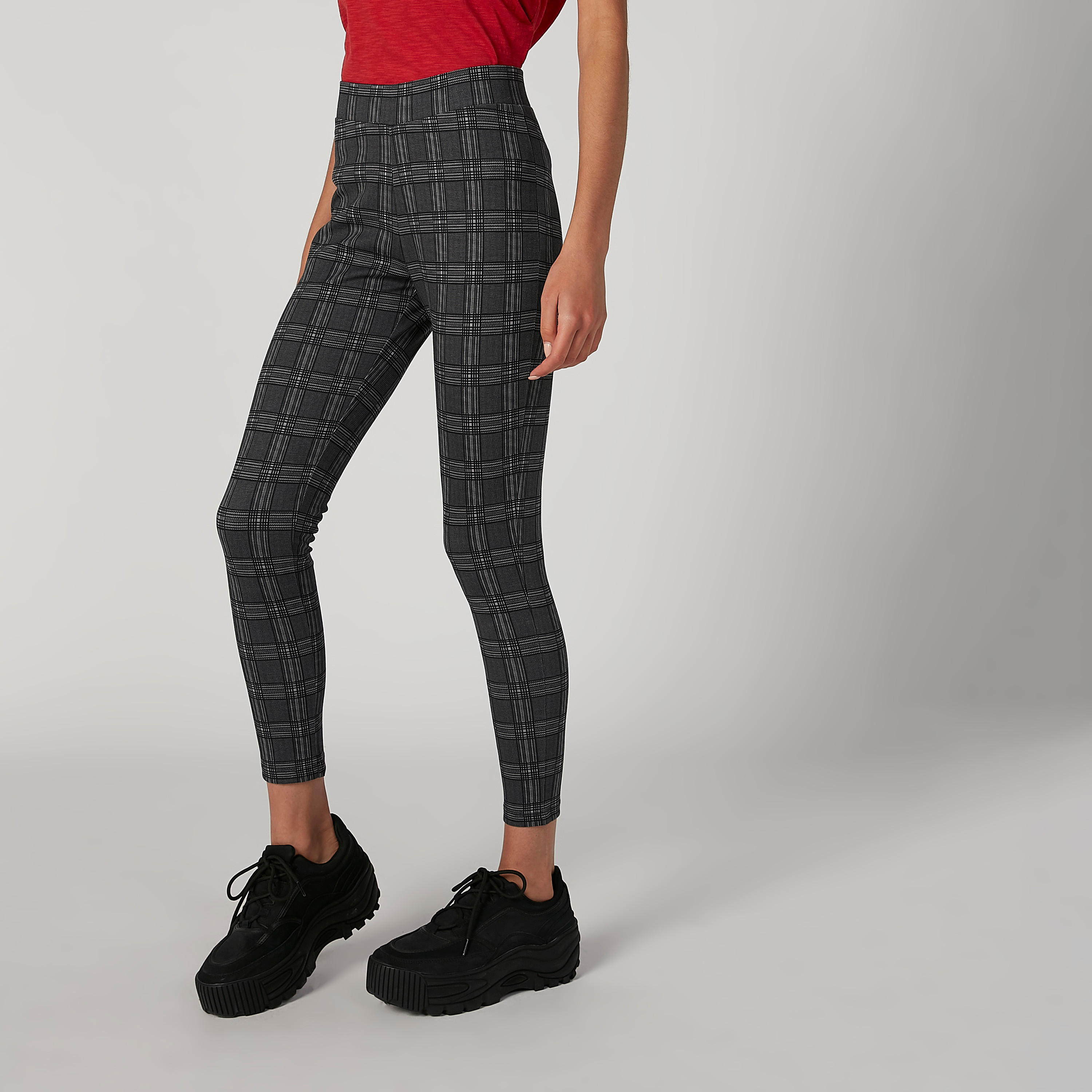 بنطلون جينز ضيّق سكيني كاروهات بخصر مطّاطي متوسط الارتفاع-women-clothing-bottoms-leggings-image-1
