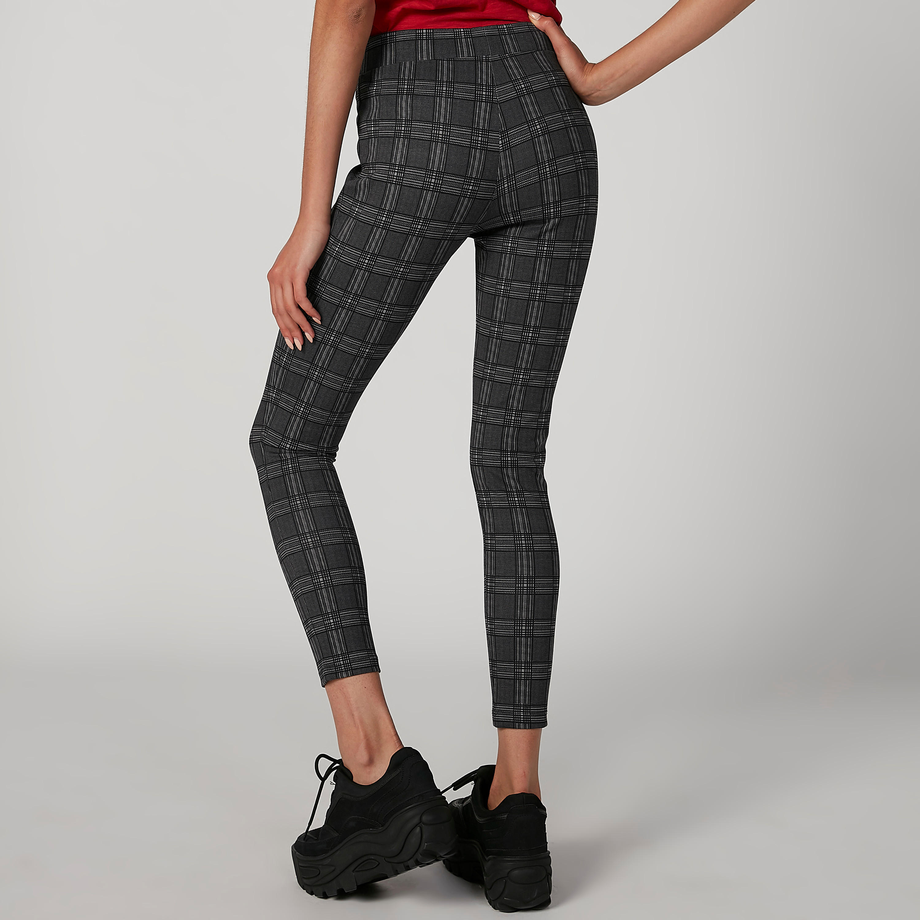 بنطلون جينز ضيّق سكيني كاروهات بخصر مطّاطي متوسط الارتفاع-women-clothing-bottoms-leggings-image-2