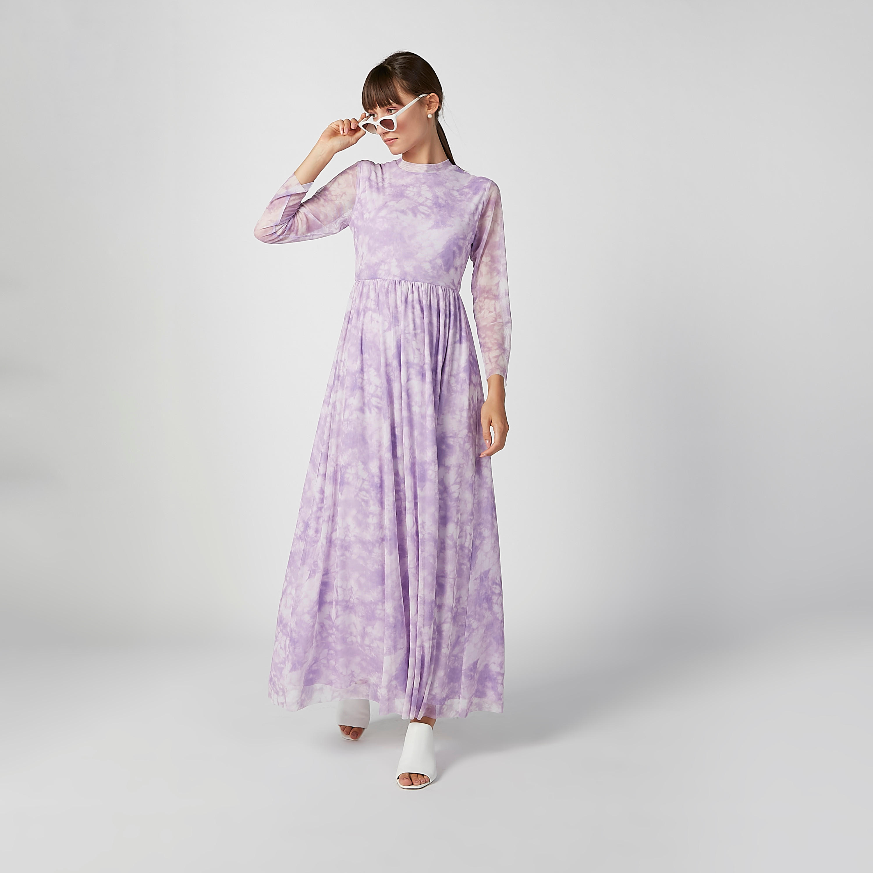 فستان طويل إيه لاين بياقة ضيّقة وأكمام طويلة وطبعات-women-clothing-dresses-image-1