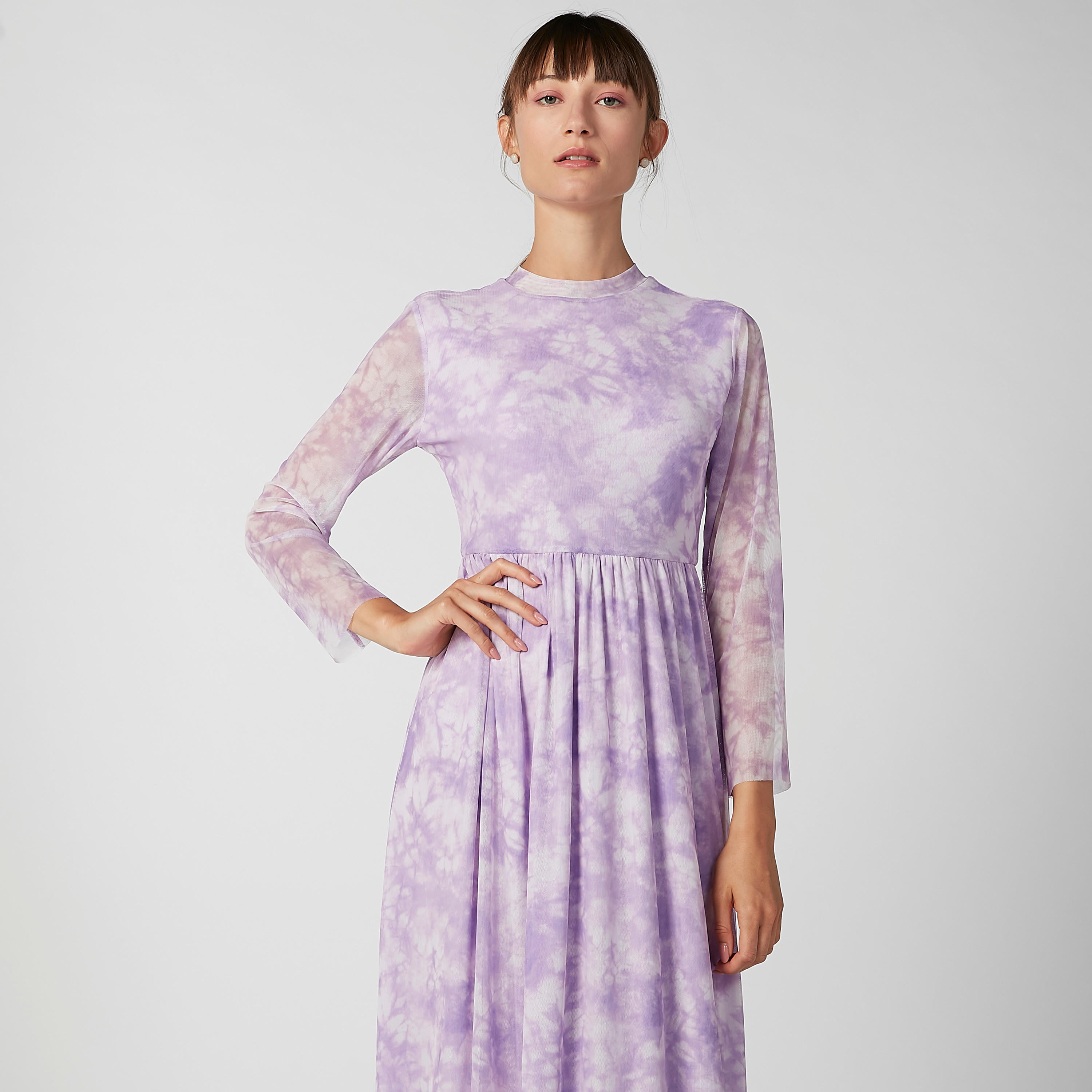 فستان طويل إيه لاين بياقة ضيّقة وأكمام طويلة وطبعات-women-clothing-dresses-image-2