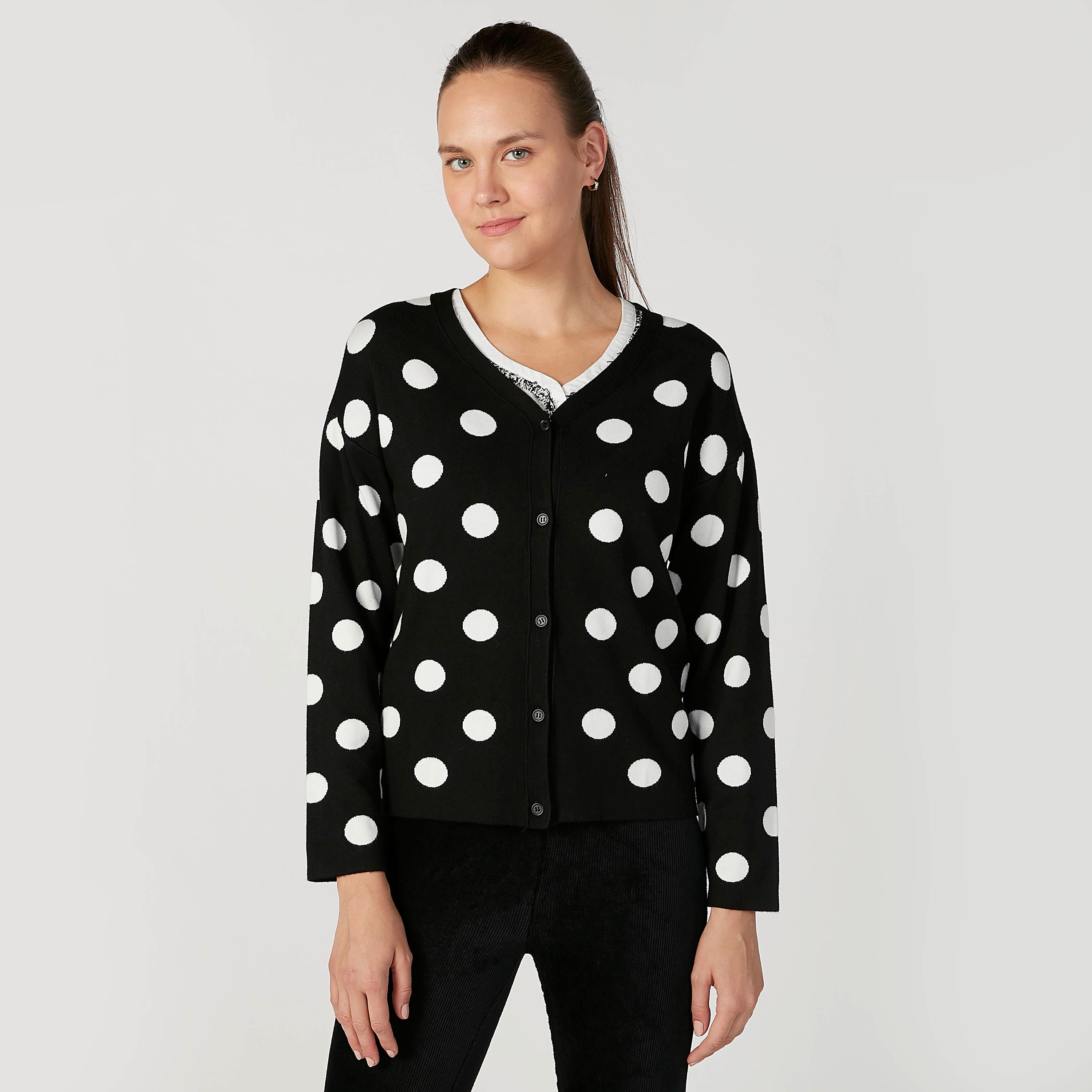Polka Dot Printed Sweater with Long Sleeves-women-winterwear-cardigansandjumpers-cardigans-image-1