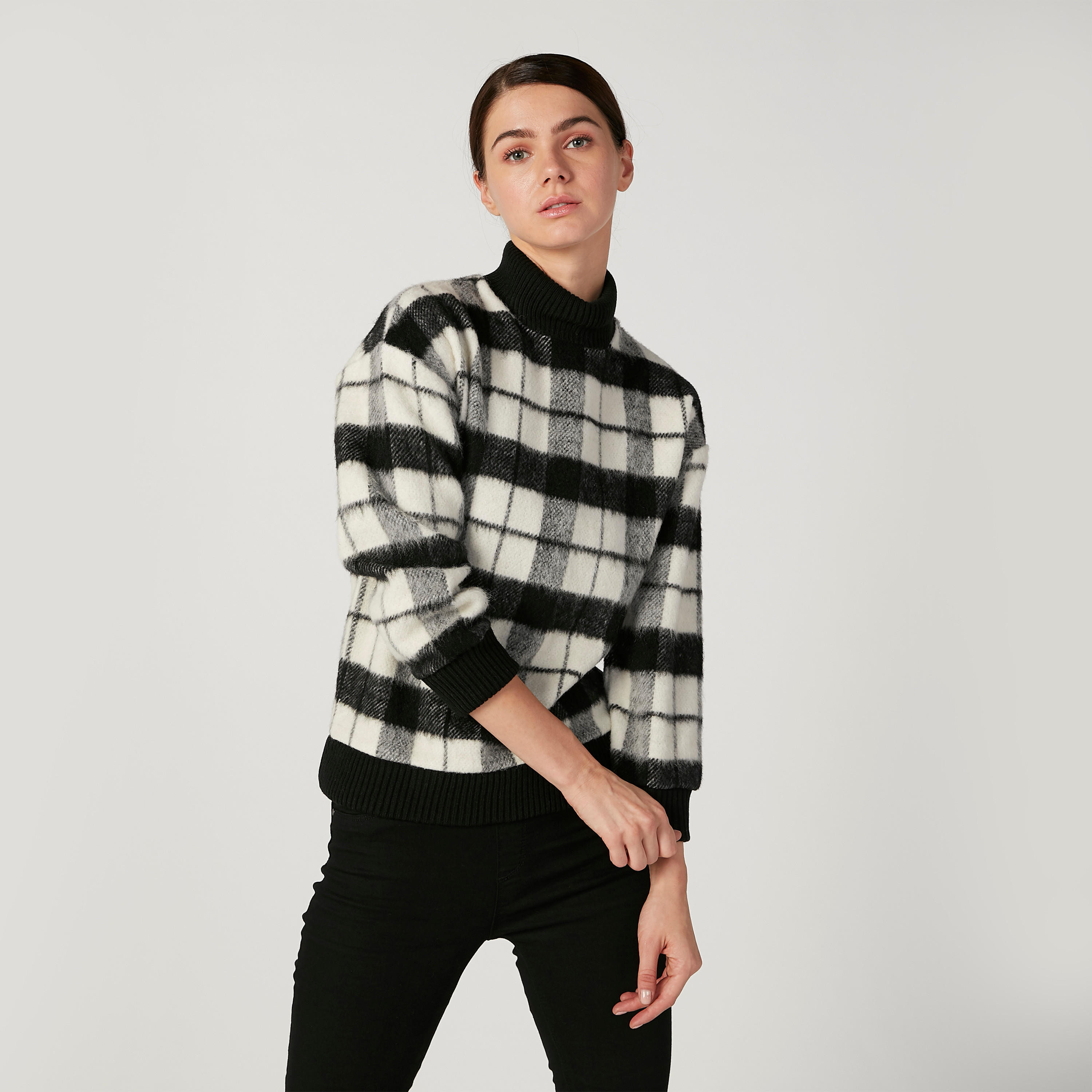 كنزة مستدامة كاروهات بياقة عالية وأكمام طويلة -women-clothing-cardigansandjumpers-jumpers-image-1