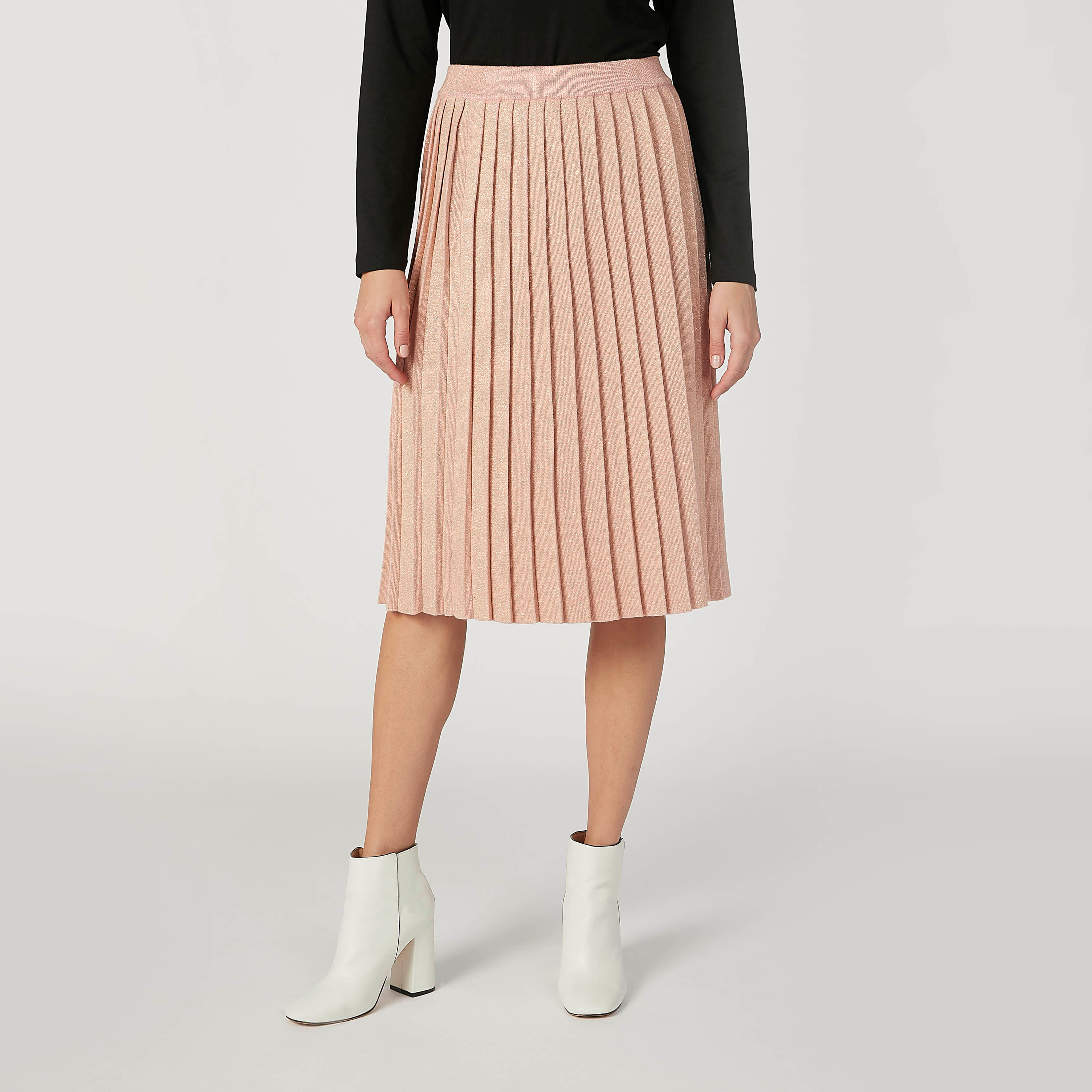 تنورة إيه لاين بارزة الملمس متوسطة الطول بخصر مطّاطي وطيّات-women-clothing-bottoms-skirts-image-1