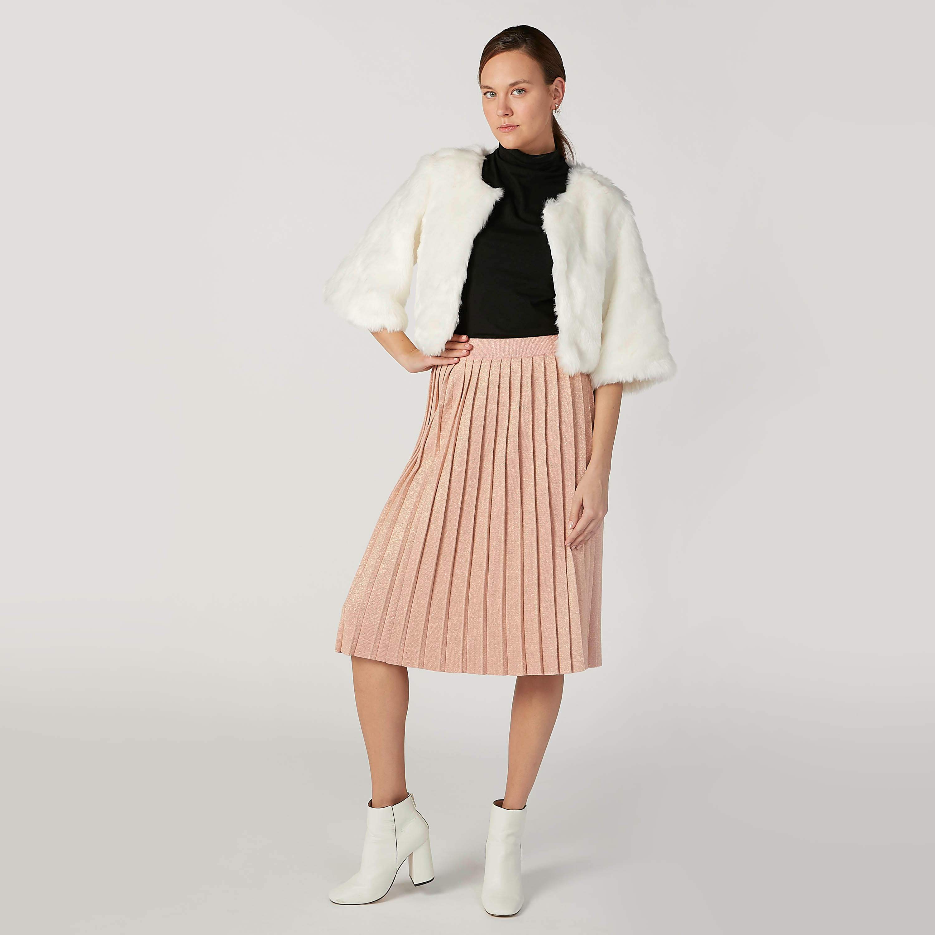 تنورة إيه لاين بارزة الملمس متوسطة الطول بخصر مطّاطي وطيّات-women-clothing-bottoms-skirts-image-2