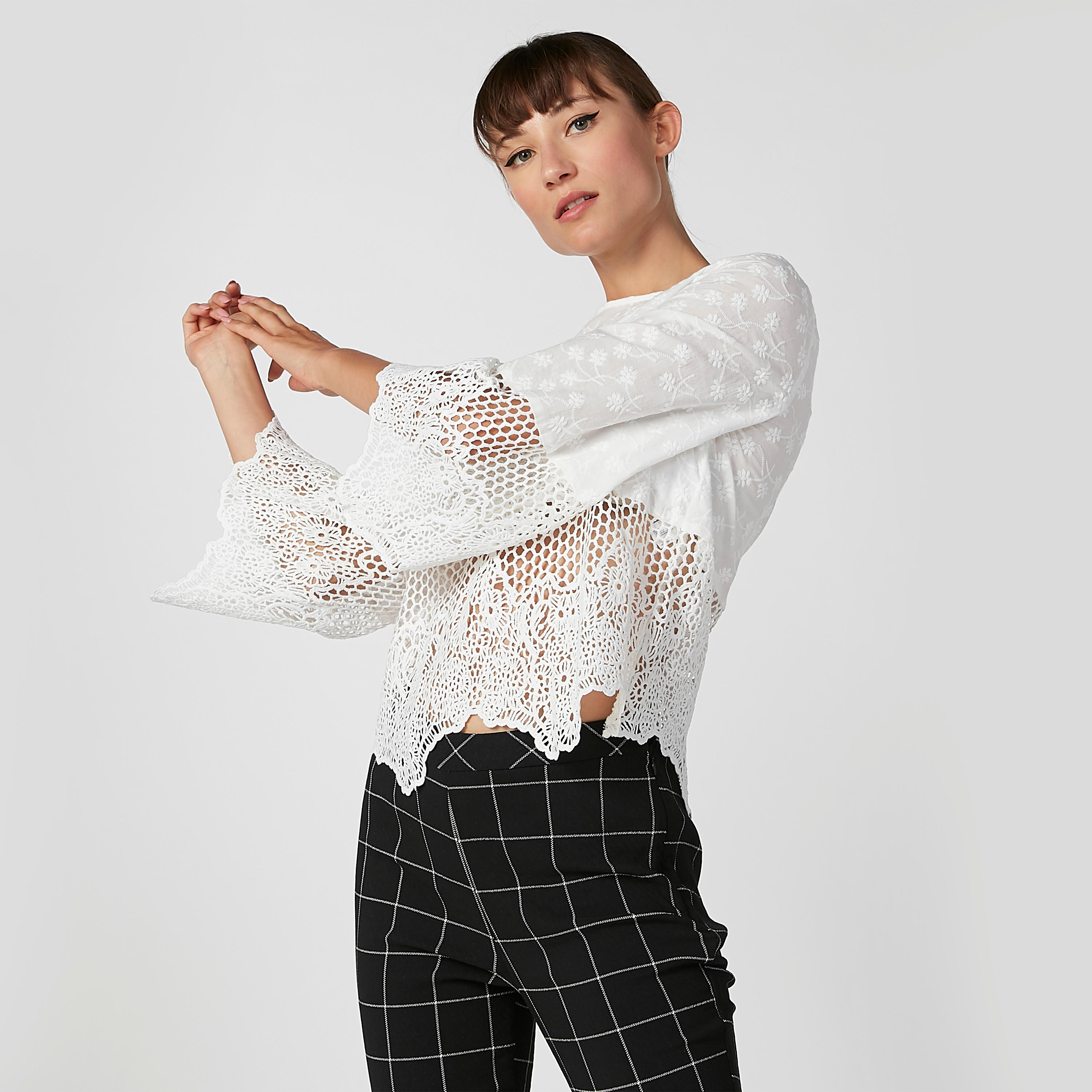 Lace Detail Top with Round Neck and Bell Sleeves-women-clothing-shirtsandblouses-blouses-image-1