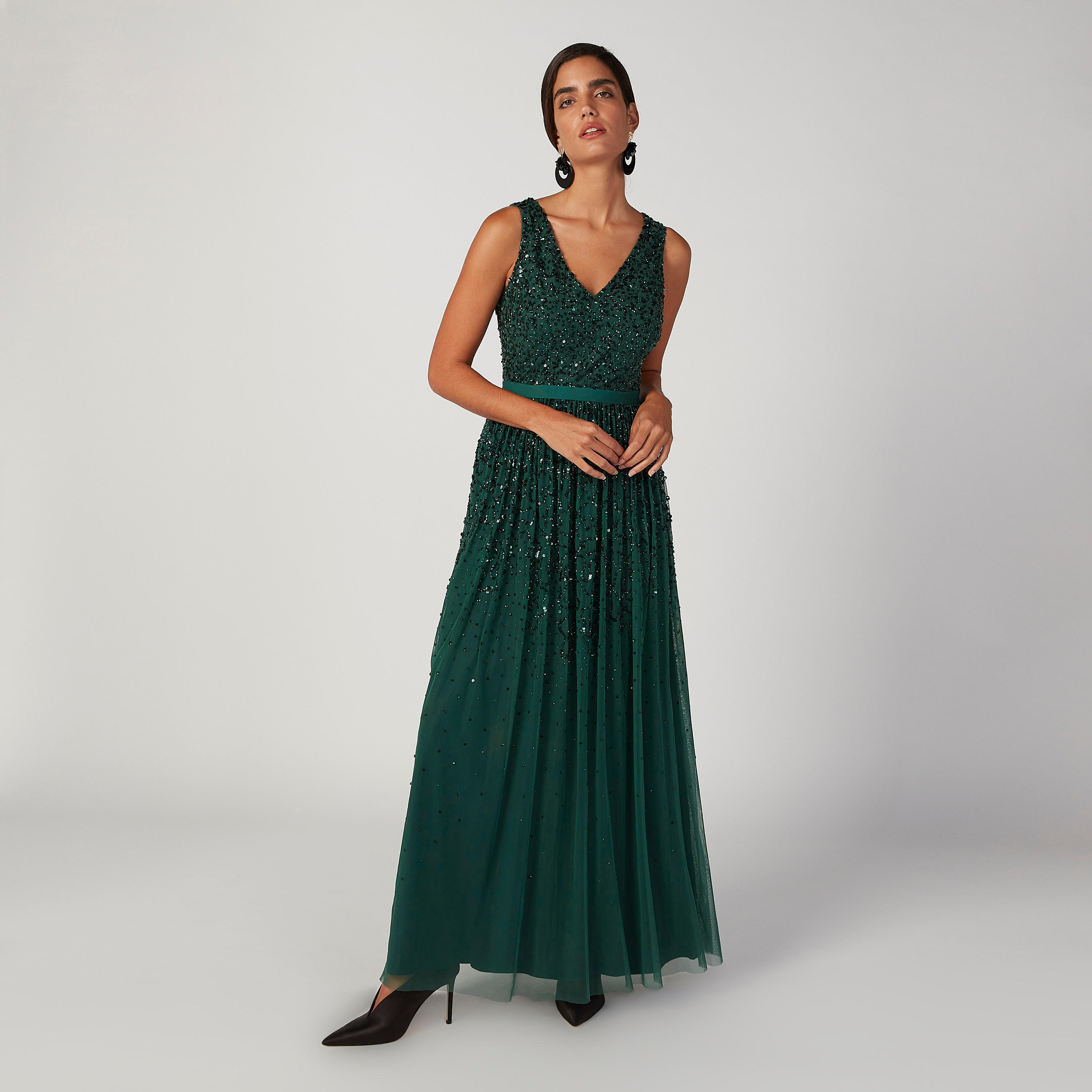 فستان طويل إيه لاين دون أكمام بياقة V وتفاصيل ترتر-women-clothing-dresses-image-1