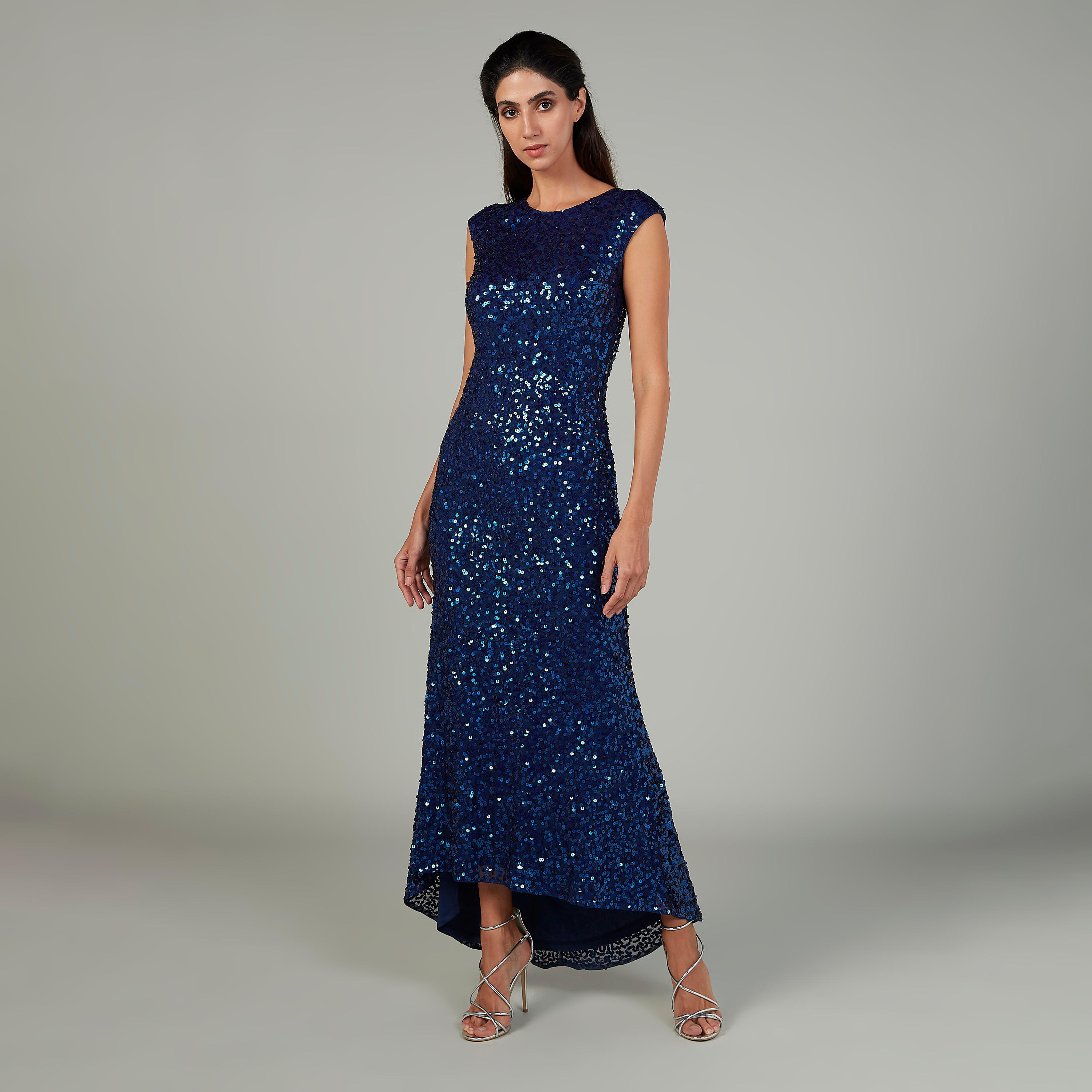فستان بارز الملمس إيه لاين طويل دون أكمام بياقة ضيقة بتفاصيل ترتر-women-clothing-dresses-image-2