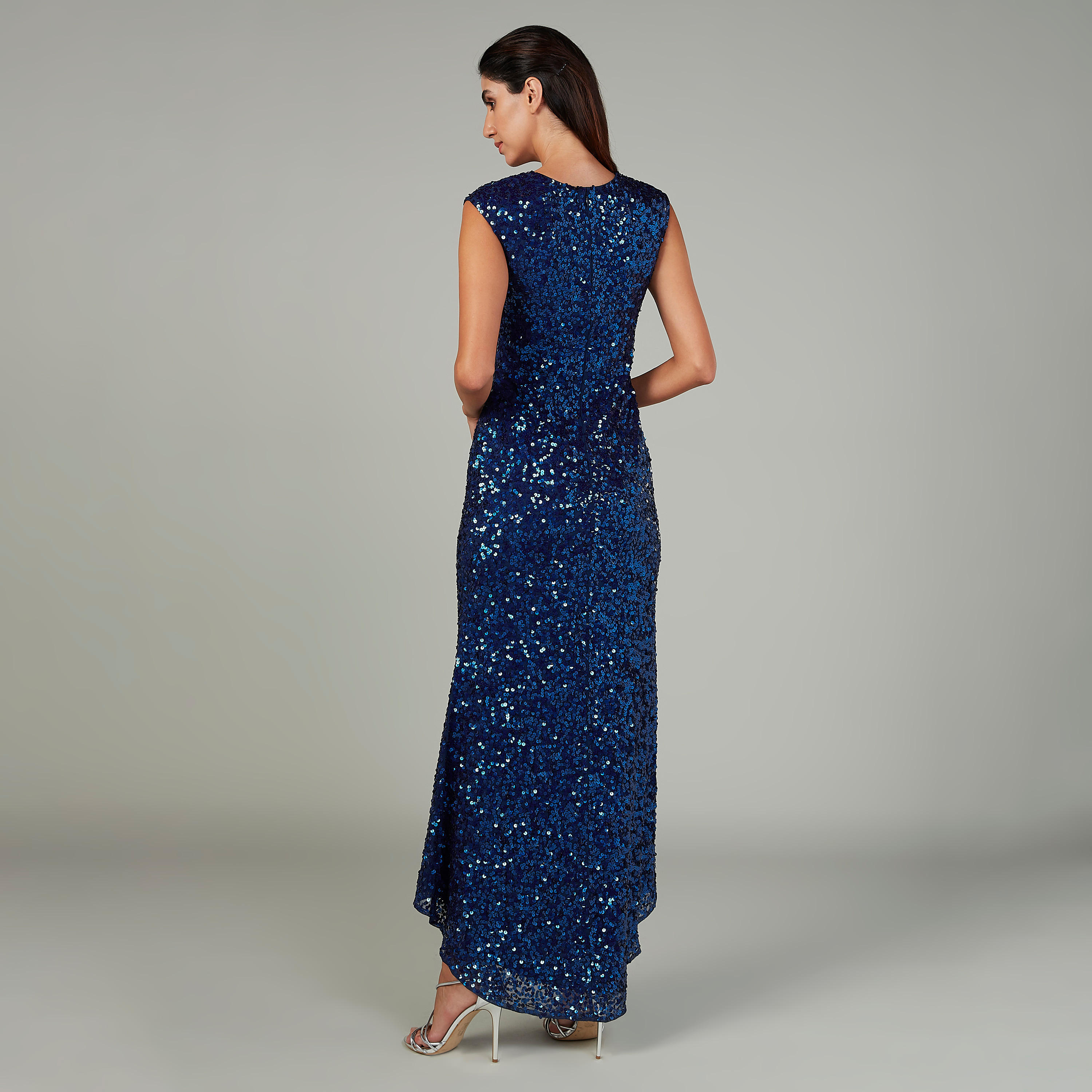 فستان بارز الملمس إيه لاين طويل دون أكمام بياقة ضيقة بتفاصيل ترتر-women-clothing-dresses-image-4