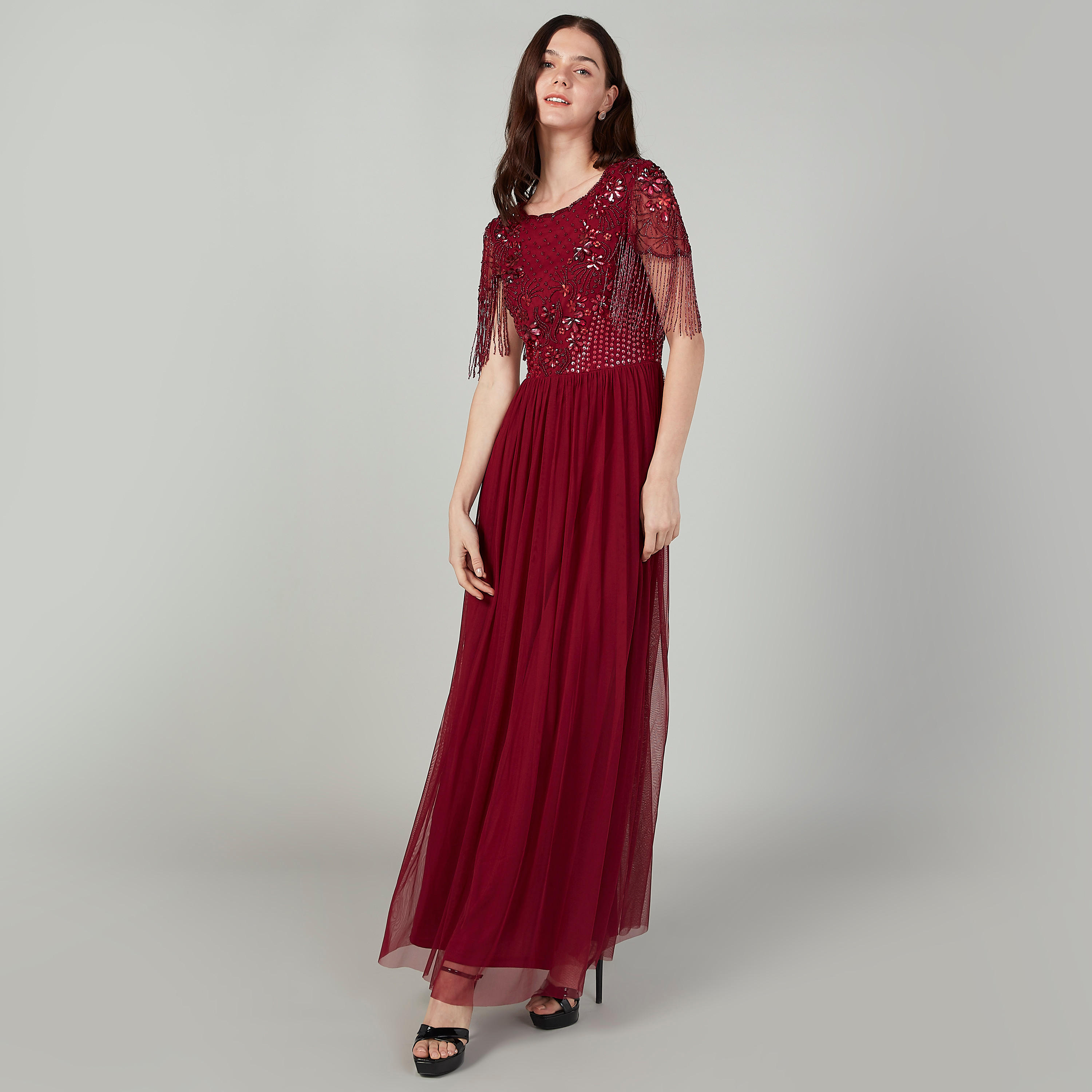 فستان طويل إيه لاين مزيّن بياقة مستديرة وأكمام قصيرة-women-clothing-dresses-image-1