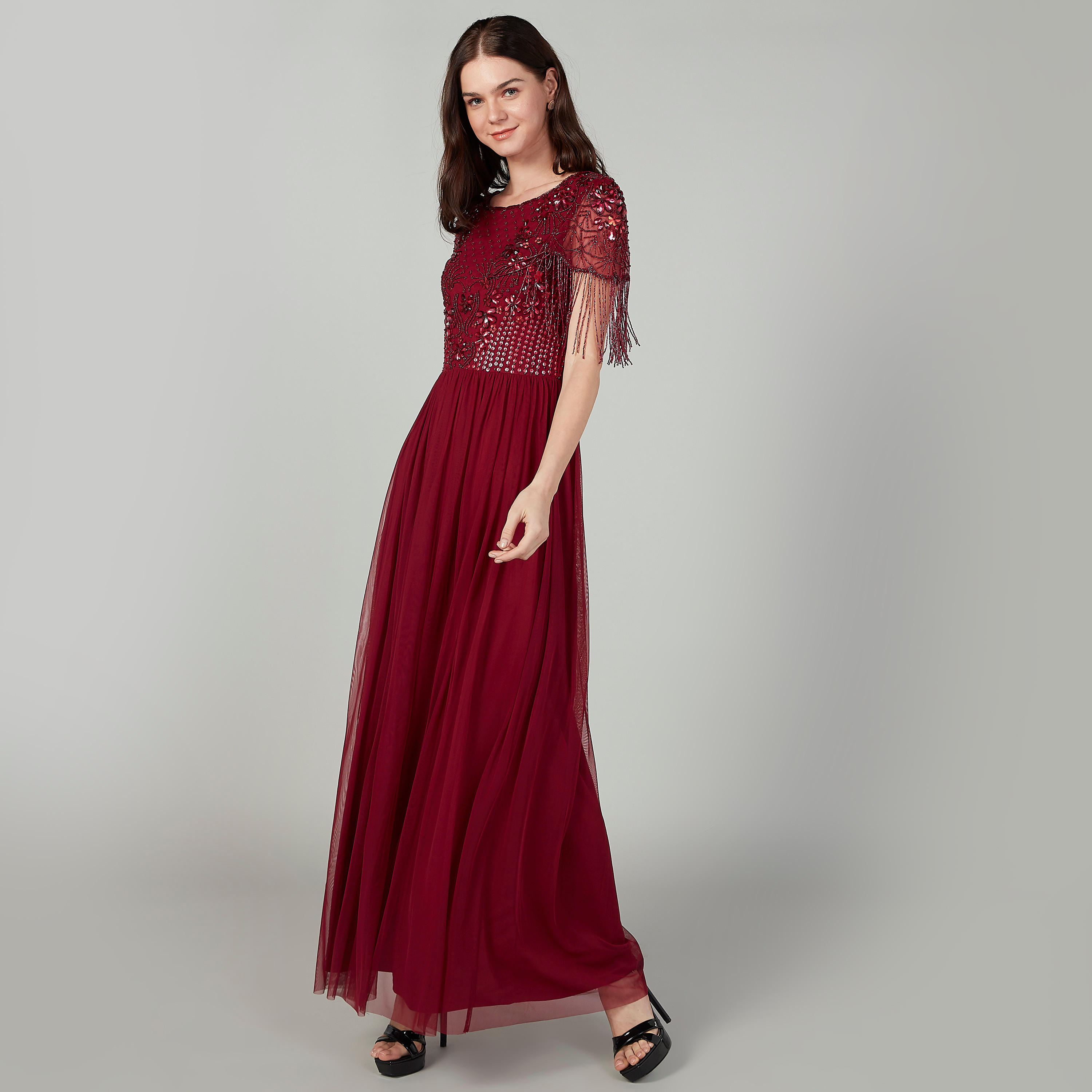 فستان طويل إيه لاين مزيّن بياقة مستديرة وأكمام قصيرة-women-clothing-dresses-image-2