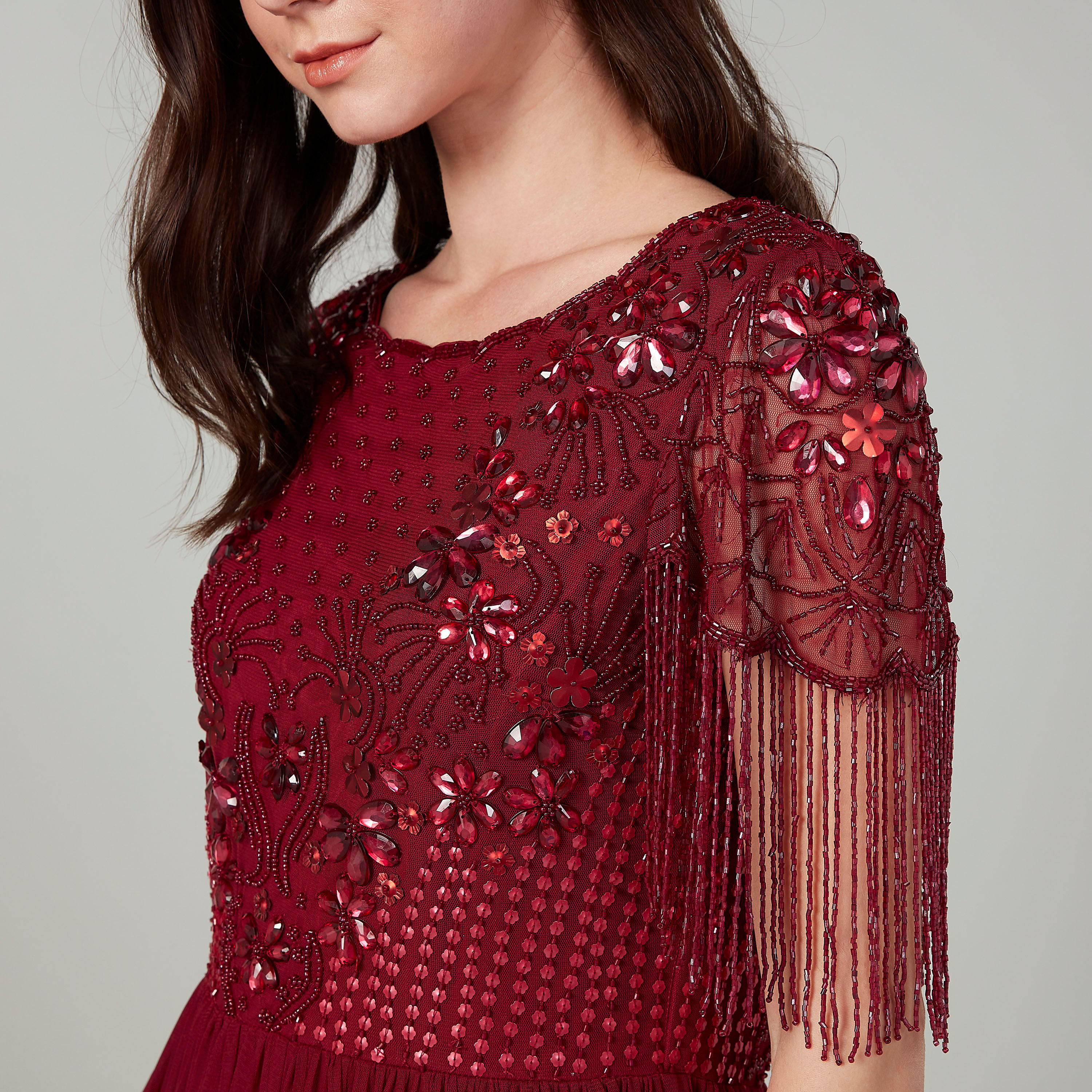 فستان طويل إيه لاين مزيّن بياقة مستديرة وأكمام قصيرة-women-clothing-dresses-image-3