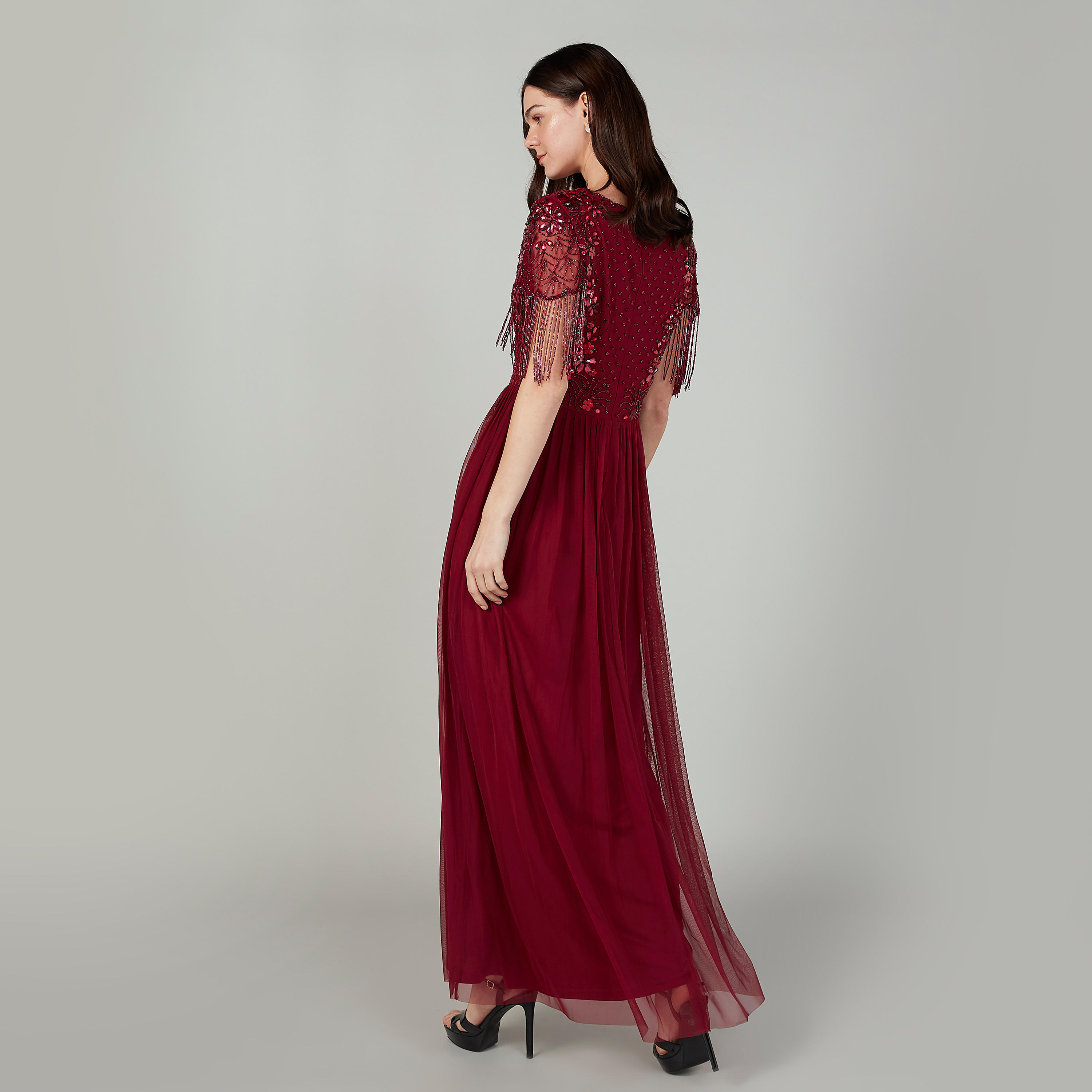 فستان طويل إيه لاين مزيّن بياقة مستديرة وأكمام قصيرة-women-clothing-dresses-image-4