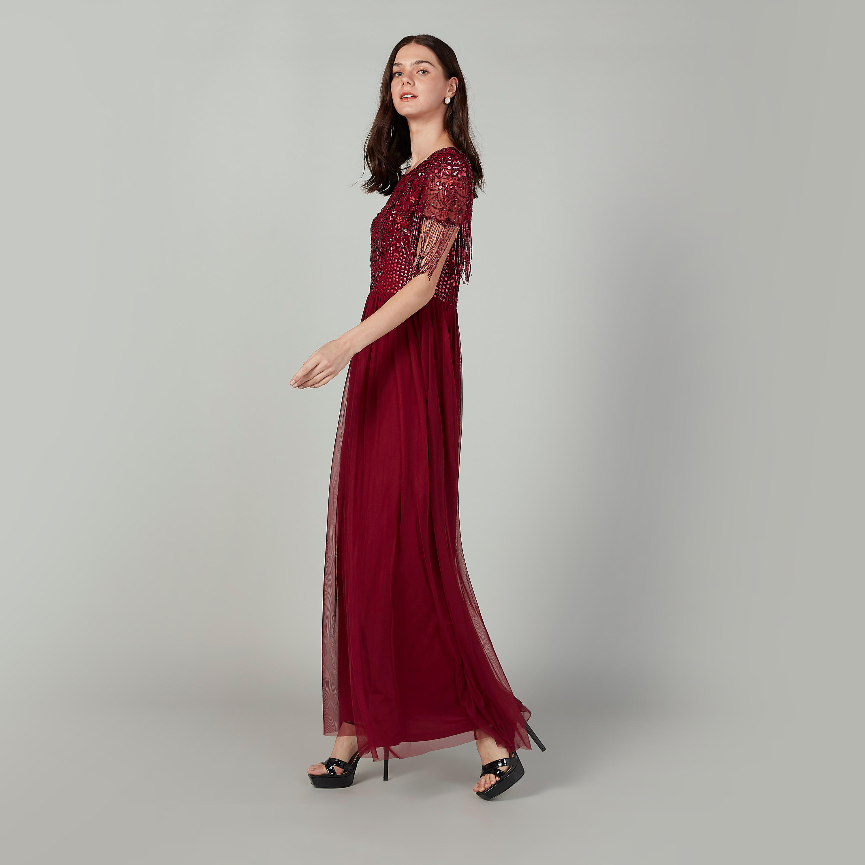 فستان طويل إيه لاين مزيّن بياقة مستديرة وأكمام قصيرة-women-clothing-dresses-image-5
