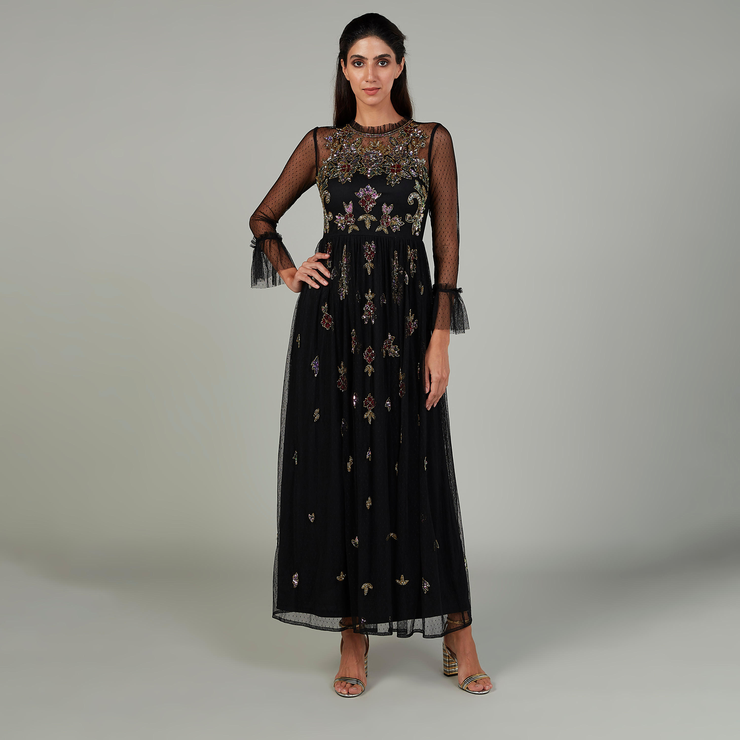 Embellished Maxi A-line Dress with Flounce Sleeves-women-clothing-dresses-image-1