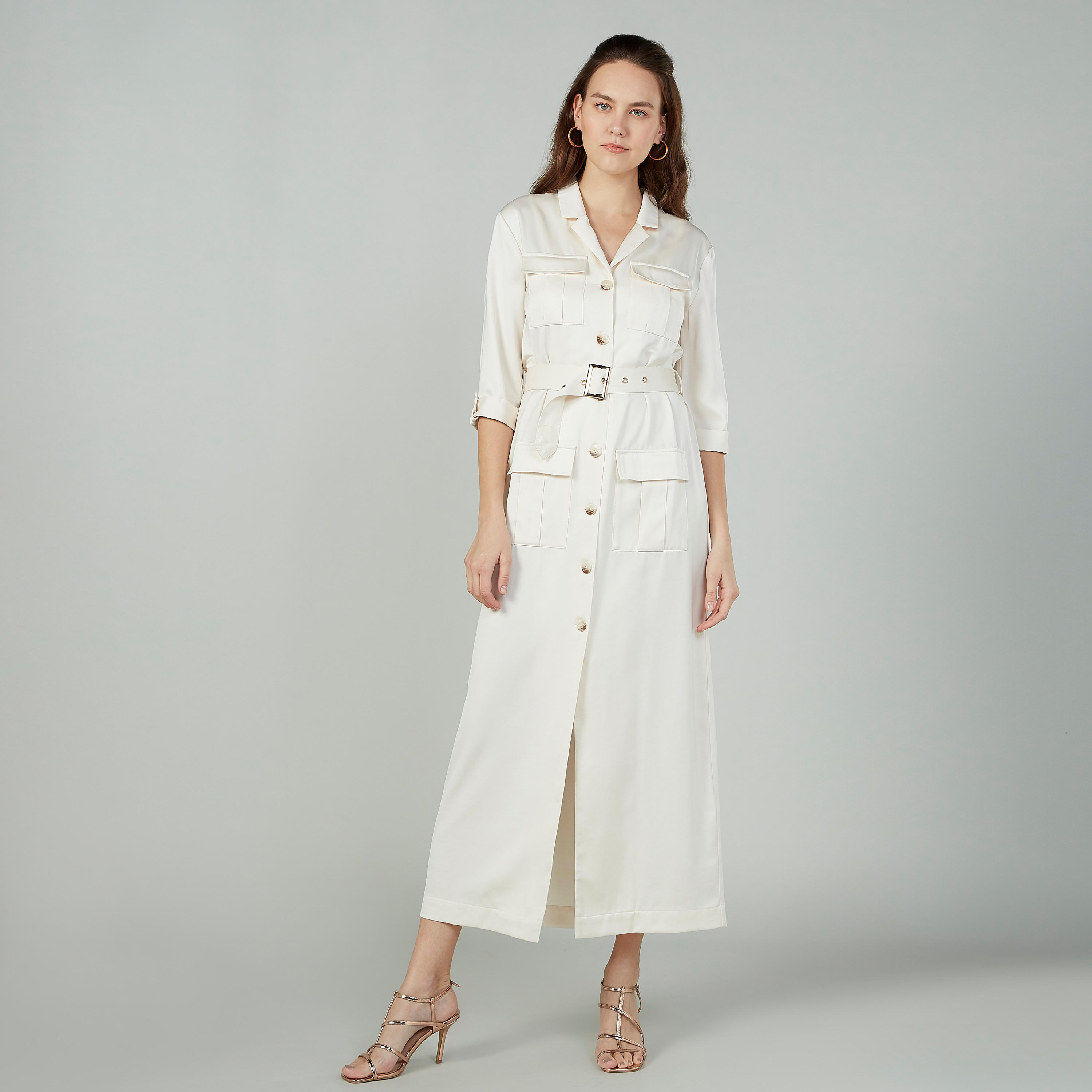 فستان طويل سادة بأكمام 3/4 وجيوب-women-clothing-dresses-image-1