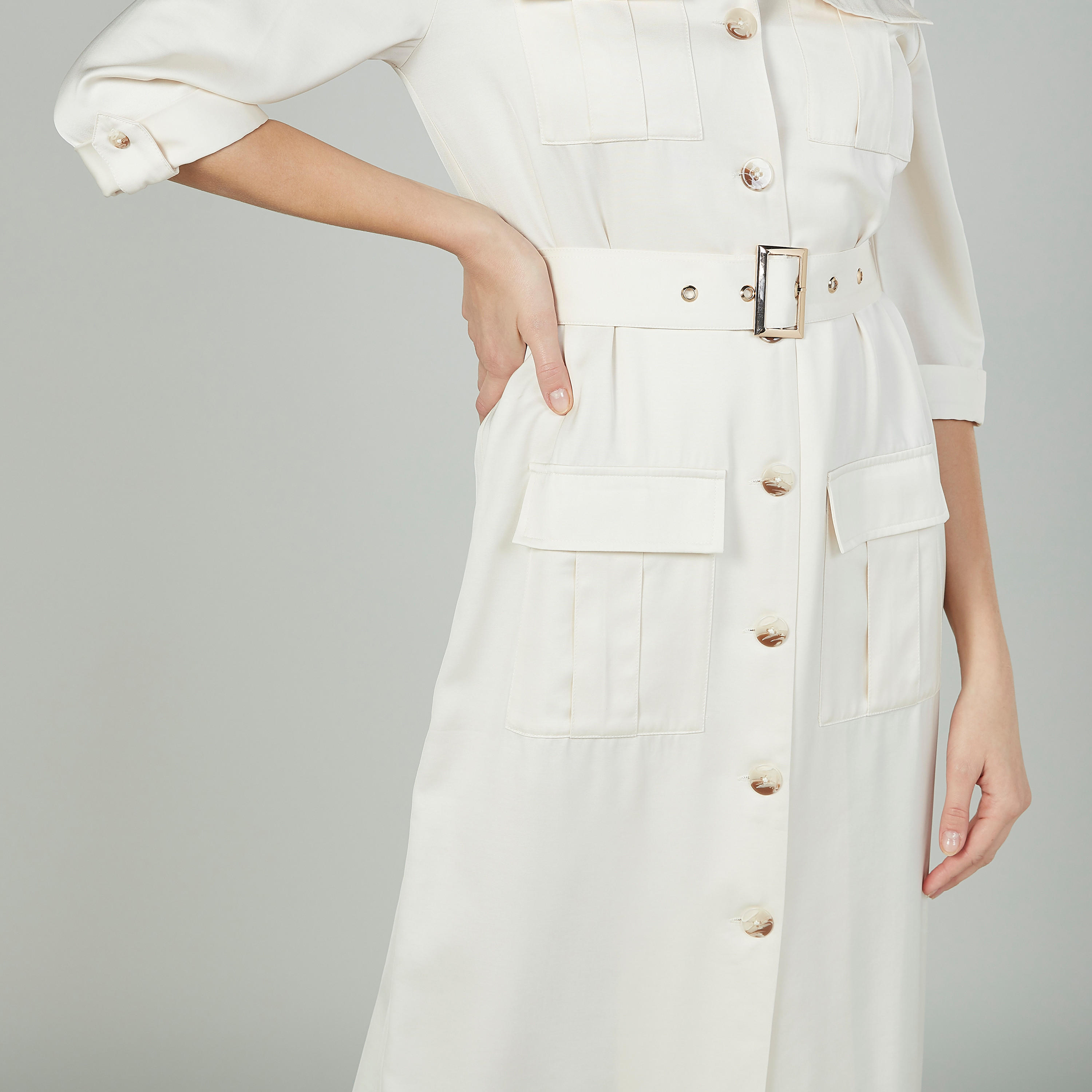 فستان طويل سادة بأكمام 3/4 وجيوب-women-clothing-dresses-image-2