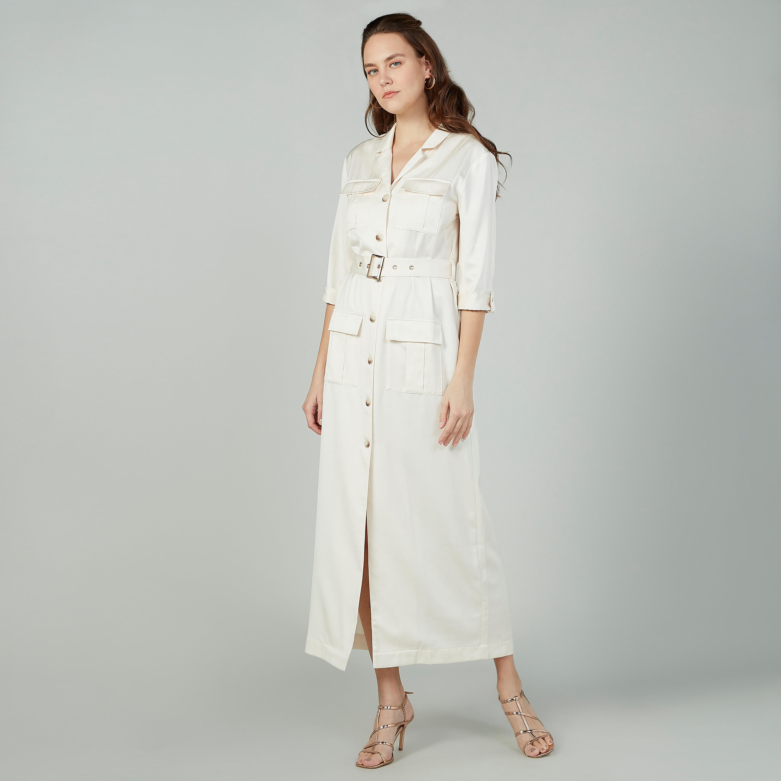 فستان طويل سادة بأكمام 3/4 وجيوب-women-clothing-dresses-image-3