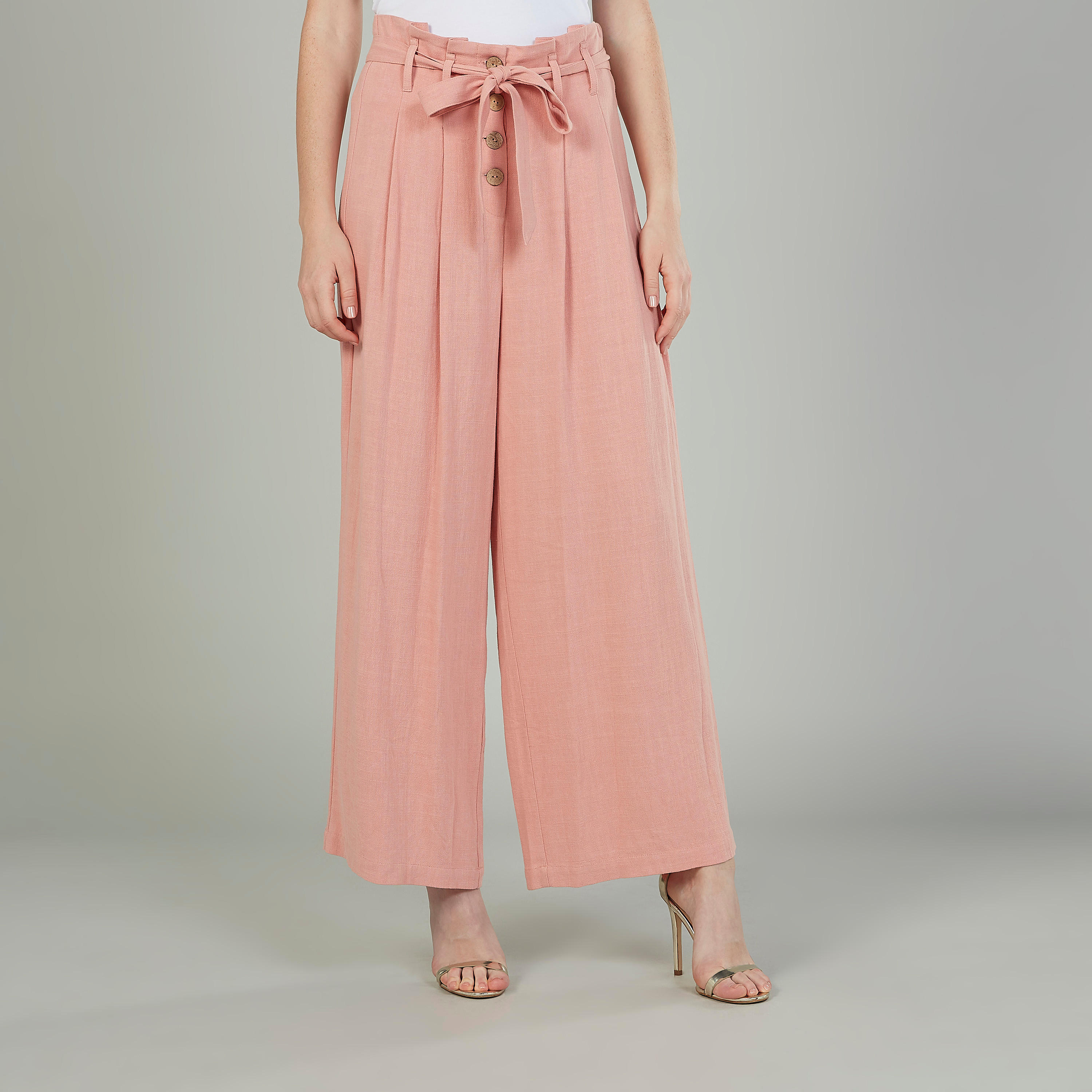 بنطلون بالازو بارز الملمس سليم بخصر بيبر باج متوسط الارتفاع-women-clothing-bottoms-trousers-image-1
