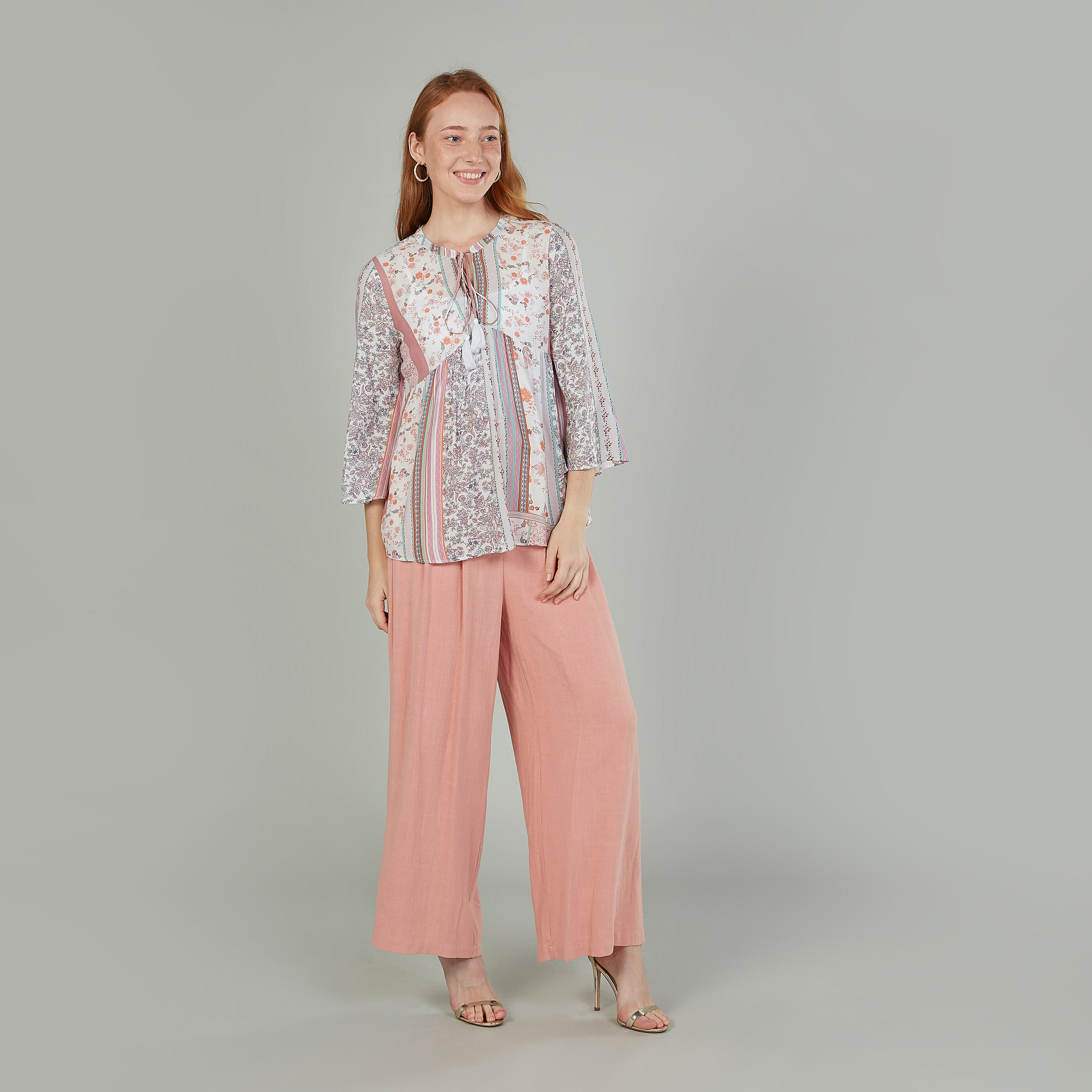 بنطلون بالازو بارز الملمس سليم بخصر بيبر باج متوسط الارتفاع-women-clothing-bottoms-trousers-image-2