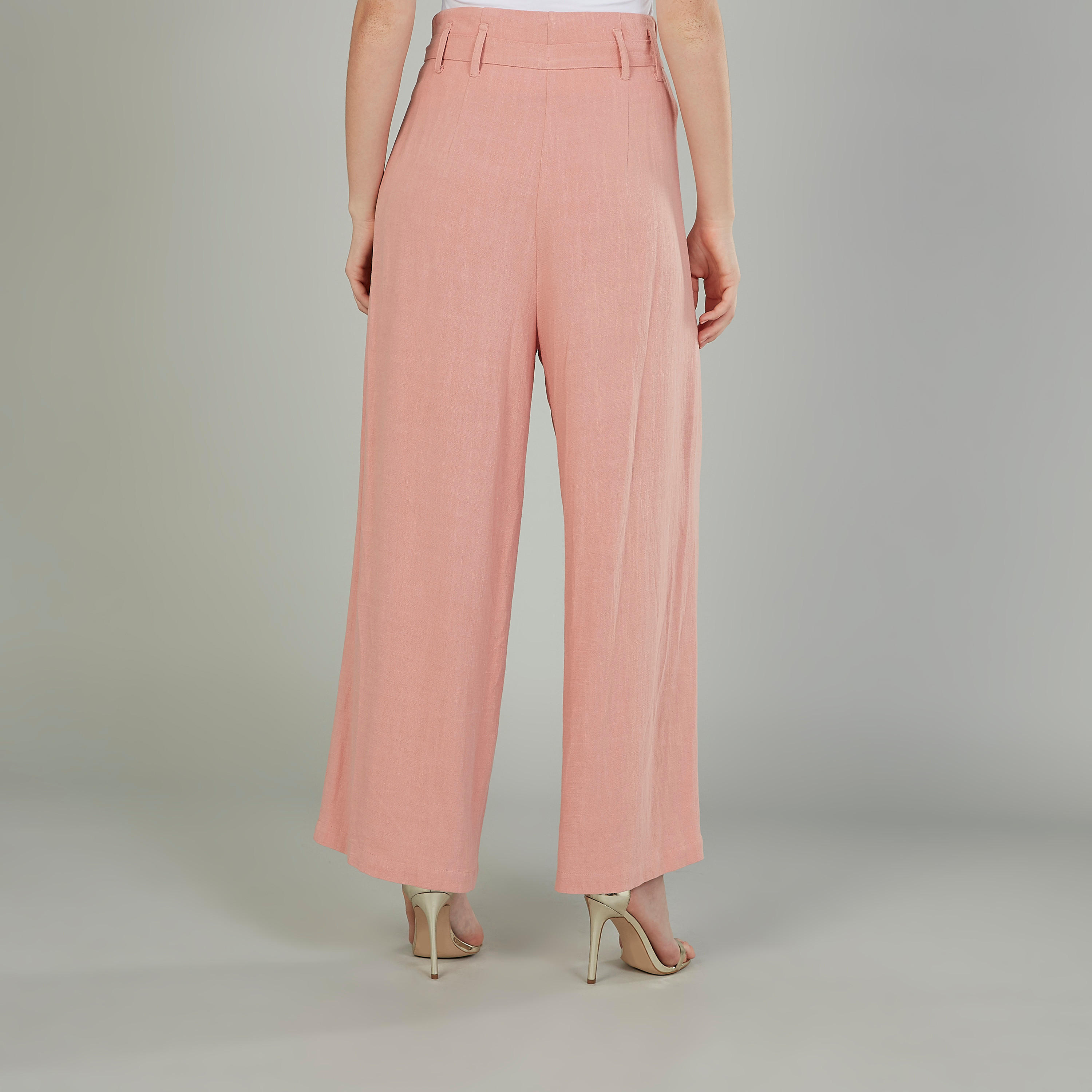 بنطلون بالازو بارز الملمس سليم بخصر بيبر باج متوسط الارتفاع-women-clothing-bottoms-trousers-image-4