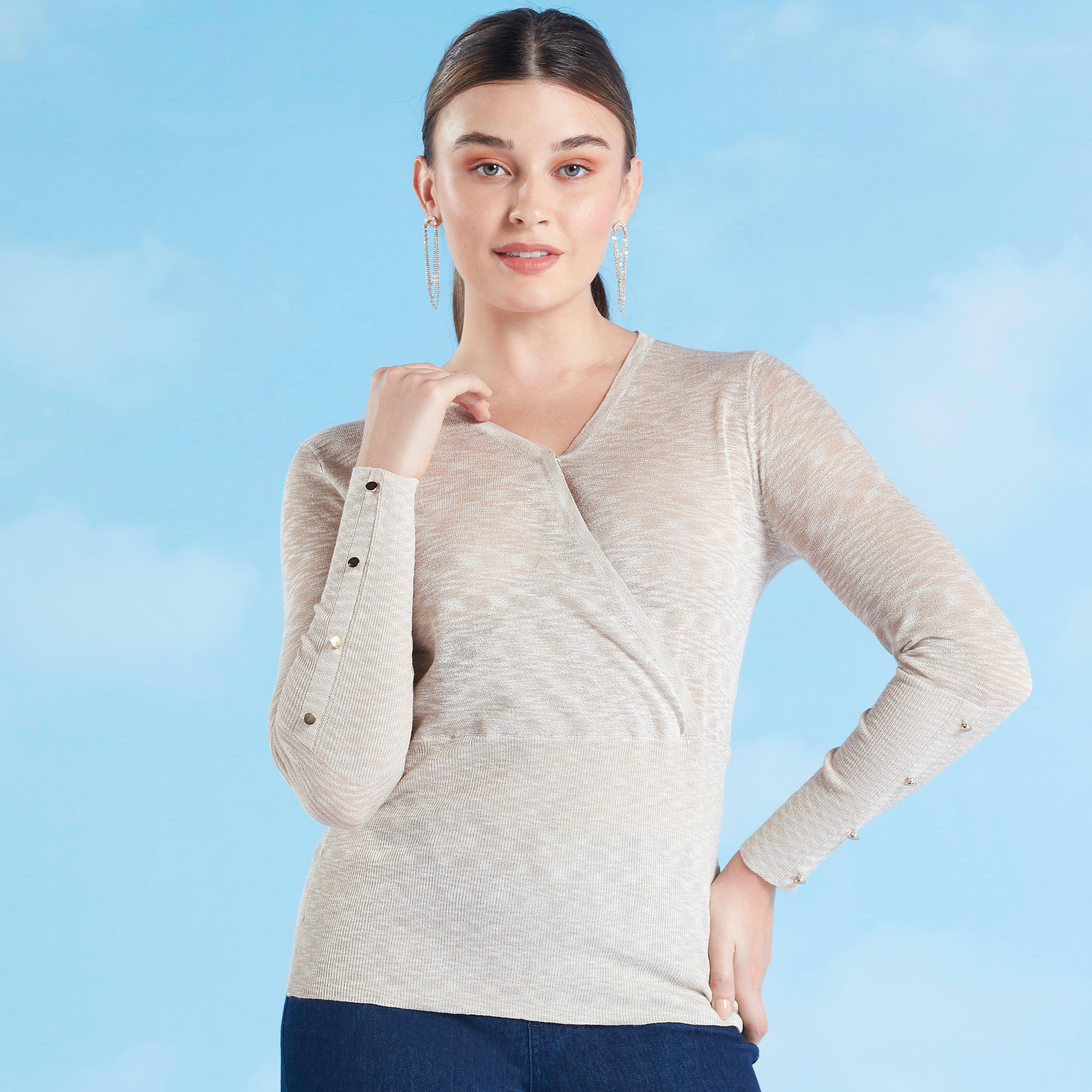 Textured Top with V-neck and Long Sleeves-women-clothing-tshirts-image-1