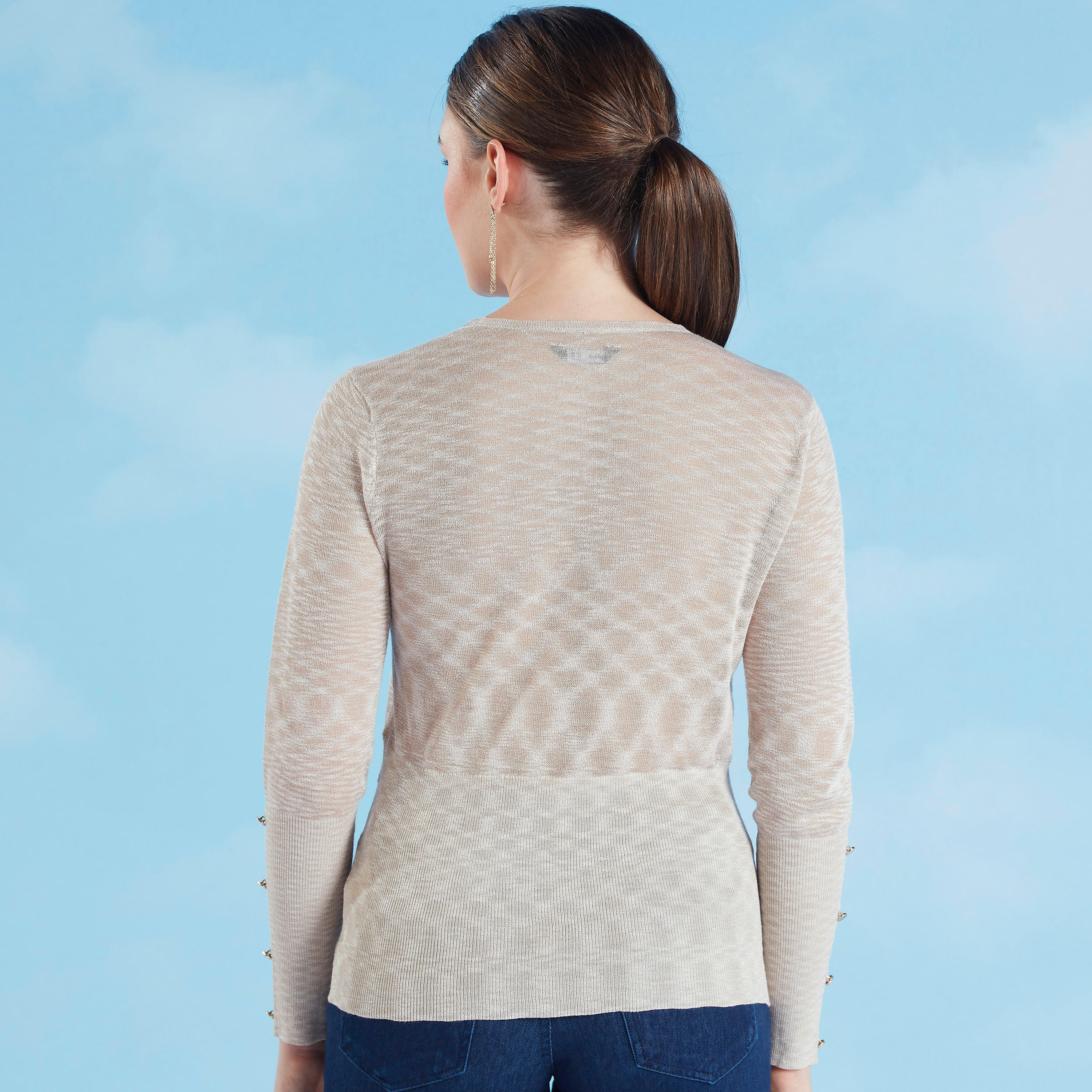Textured Top with V-neck and Long Sleeves-women-clothing-tshirts-image-4