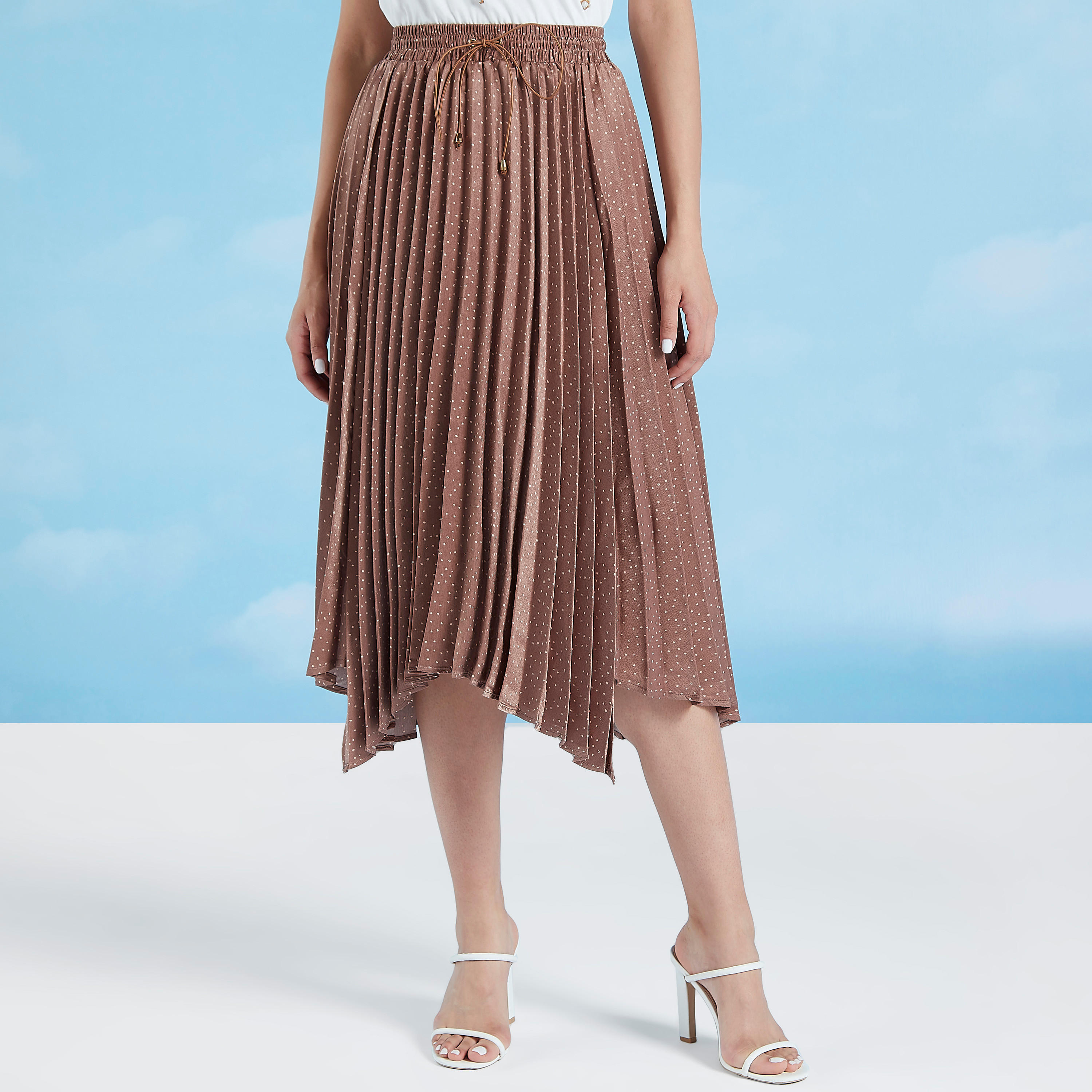 تنورة إيه لاين متوسطة الطول بطول غير مستوي بخصر مطاطي بتفاصيل مثنية-women-clothing-bottoms-skirts-image-1